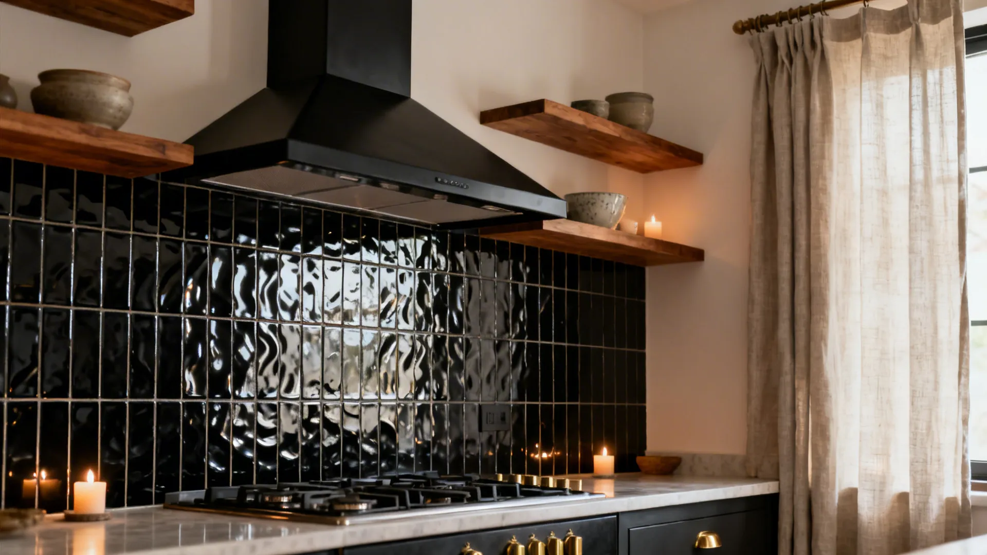 Glossy black zellige backsplash with walnut shelves and soft daylight reflections.