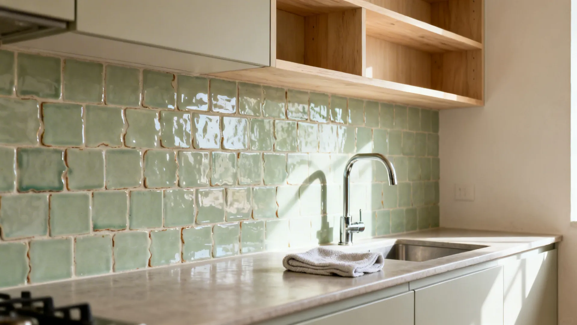 Pale sage glossy zellige backsplash with artisanal variation in a small kitchen.