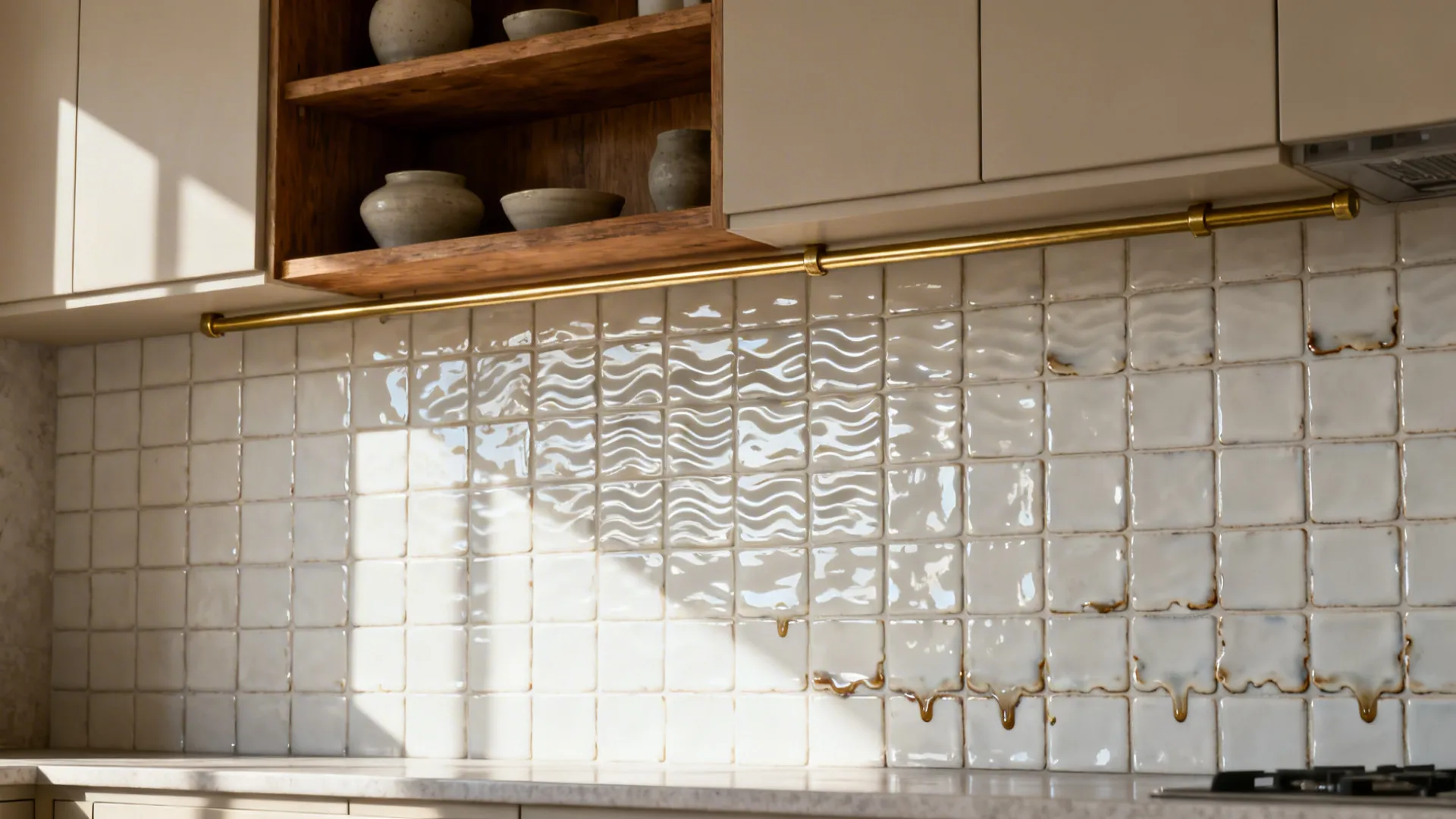 Glossy white 4x4 zellige backsplash with ripples reflecting morning light under open shelves.