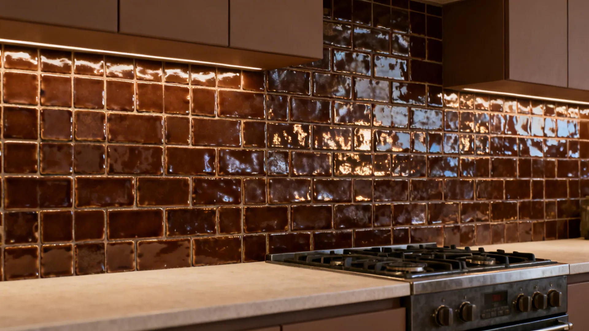 Glossy chocolate zellige feature wall behind a range, glowing under warm evening light.