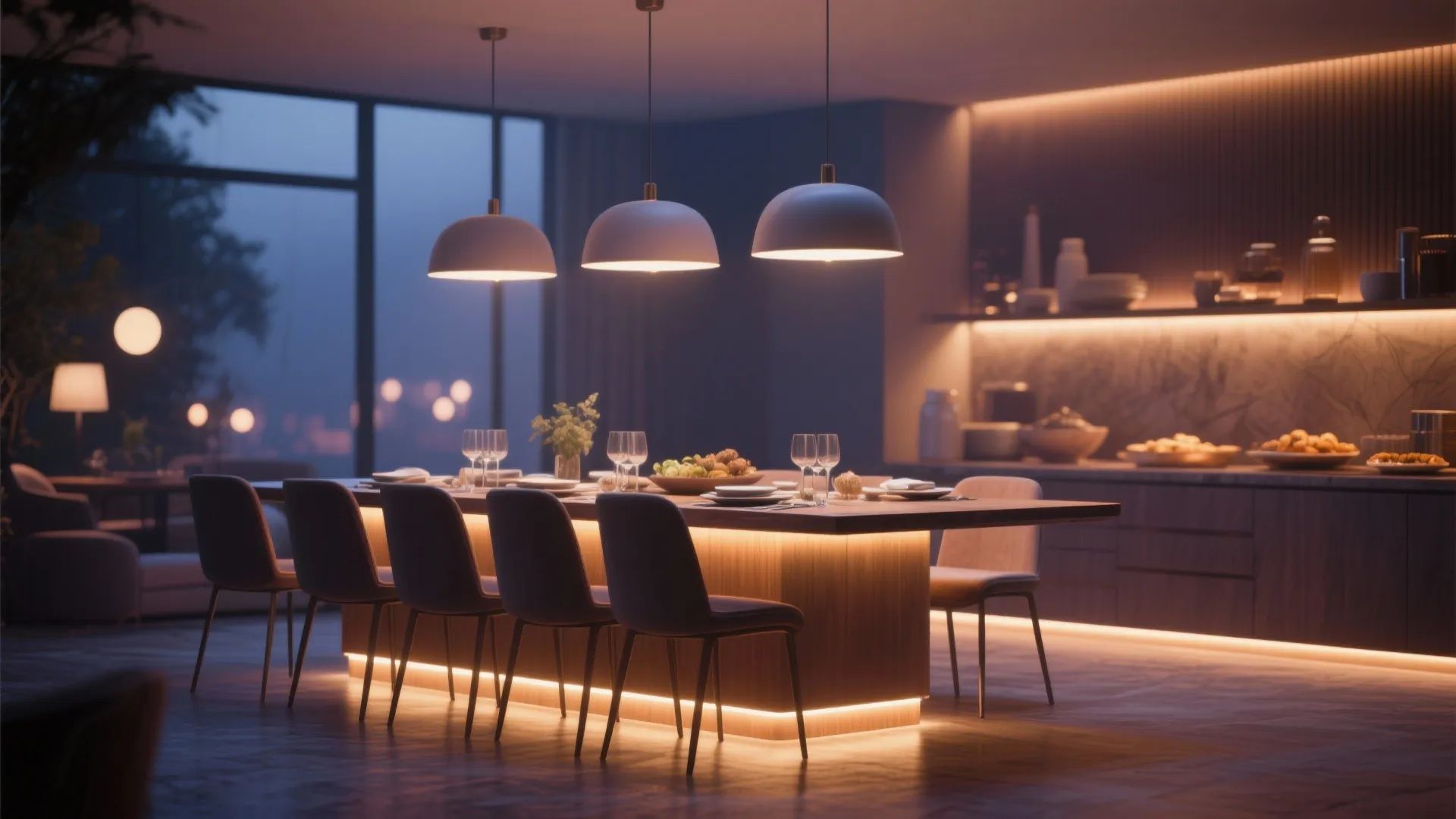 Dining room with pendant lights and subtle LED glow at floor level
