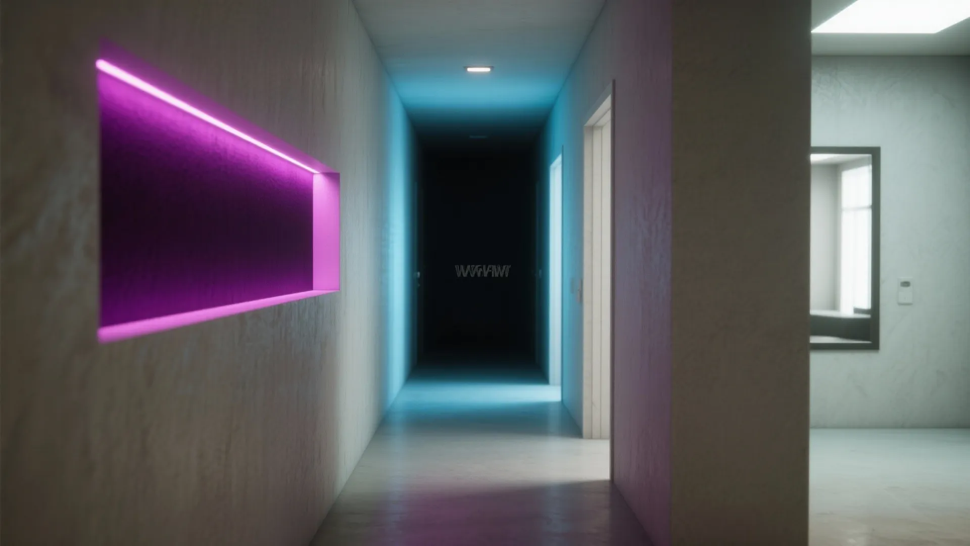 Modern dark hallway with purple wall light and blue light fixture glowing on the floor tiles