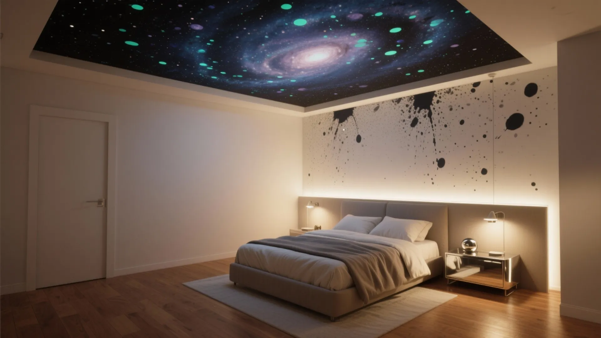 Modern bedroom featuring a galaxy ceiling design with a cozy bed and glowing wall lights