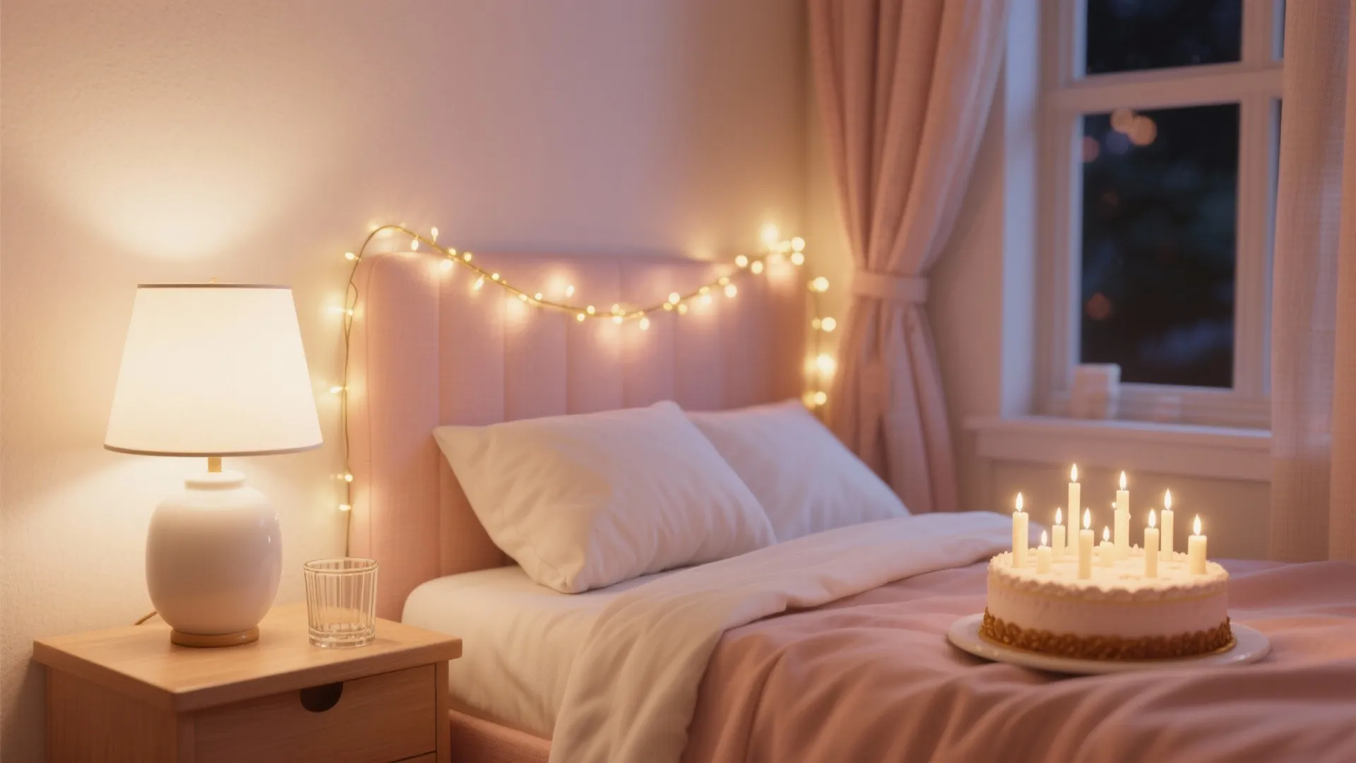 Pink bedroom with glowing string lights on headboard and white birthday cake with many candles