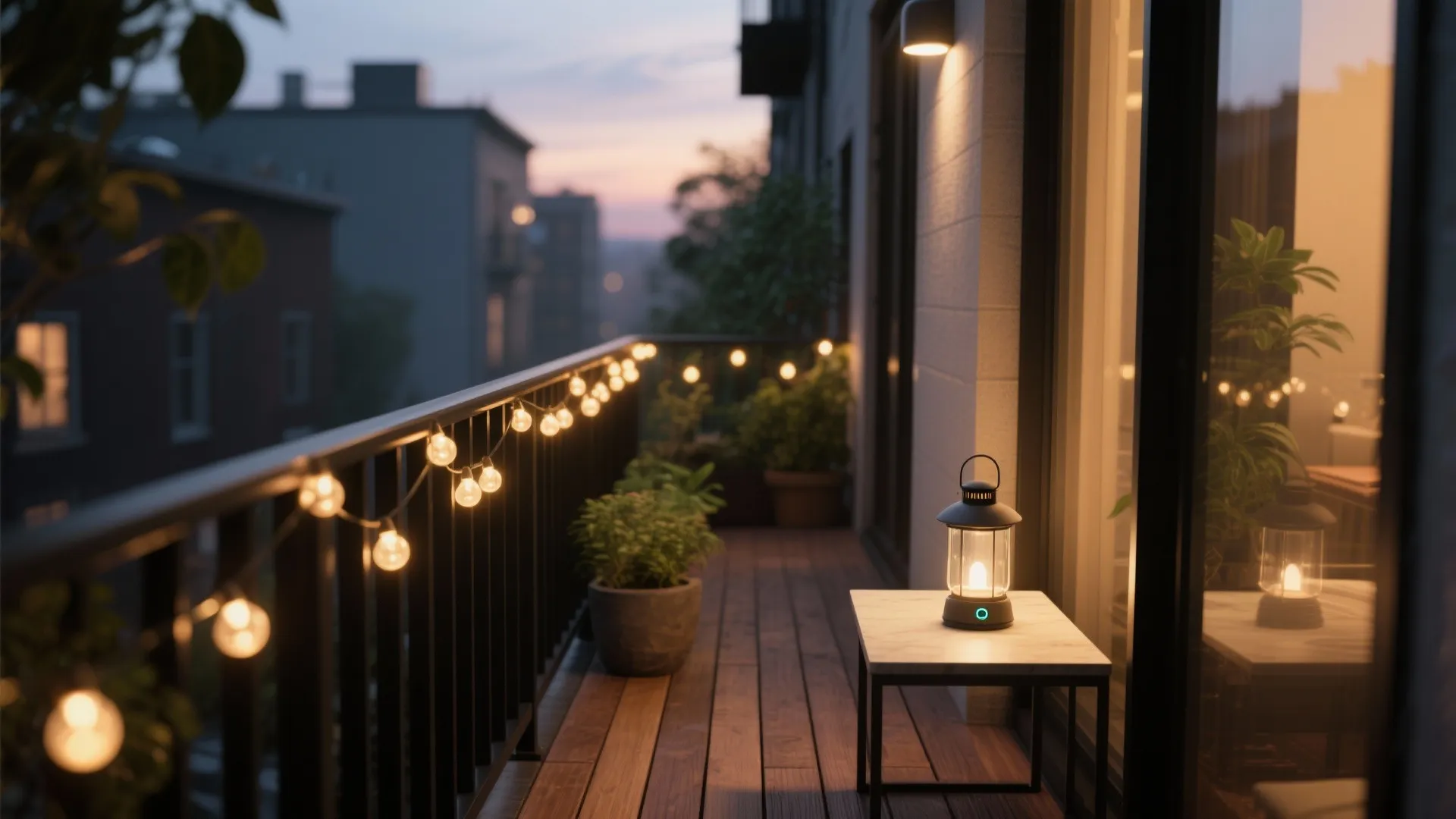 Modern balcony at sunset featuring wood flooring string lights small table and a portable lamp