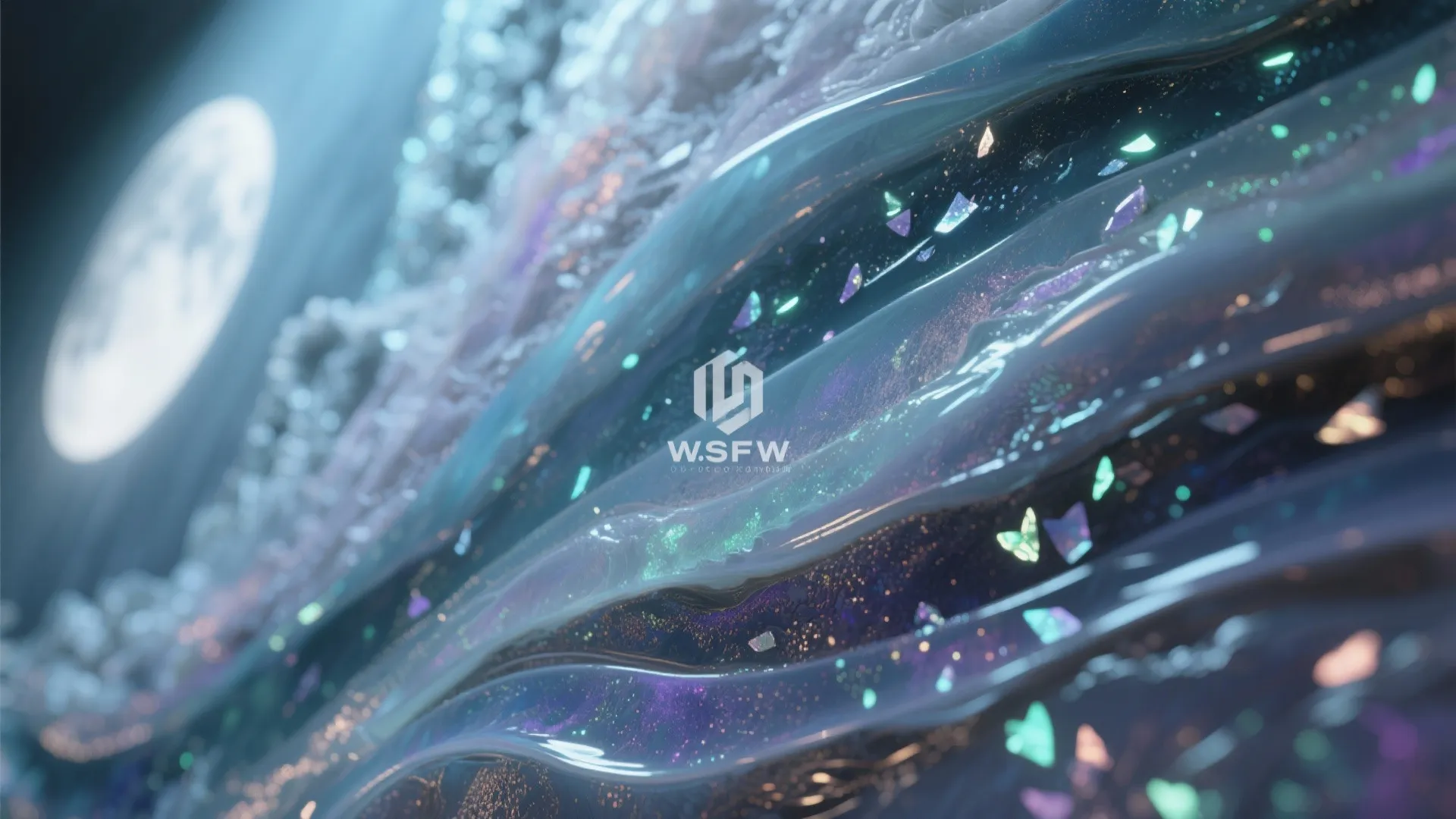 Macro view of a textured epoxy mural with translucent layers and soft glow-in-the-dark accents.