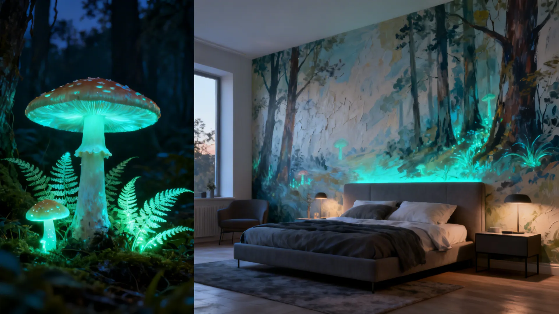 Bedroom with a statement wall mural that reveals bioluminescent details at night