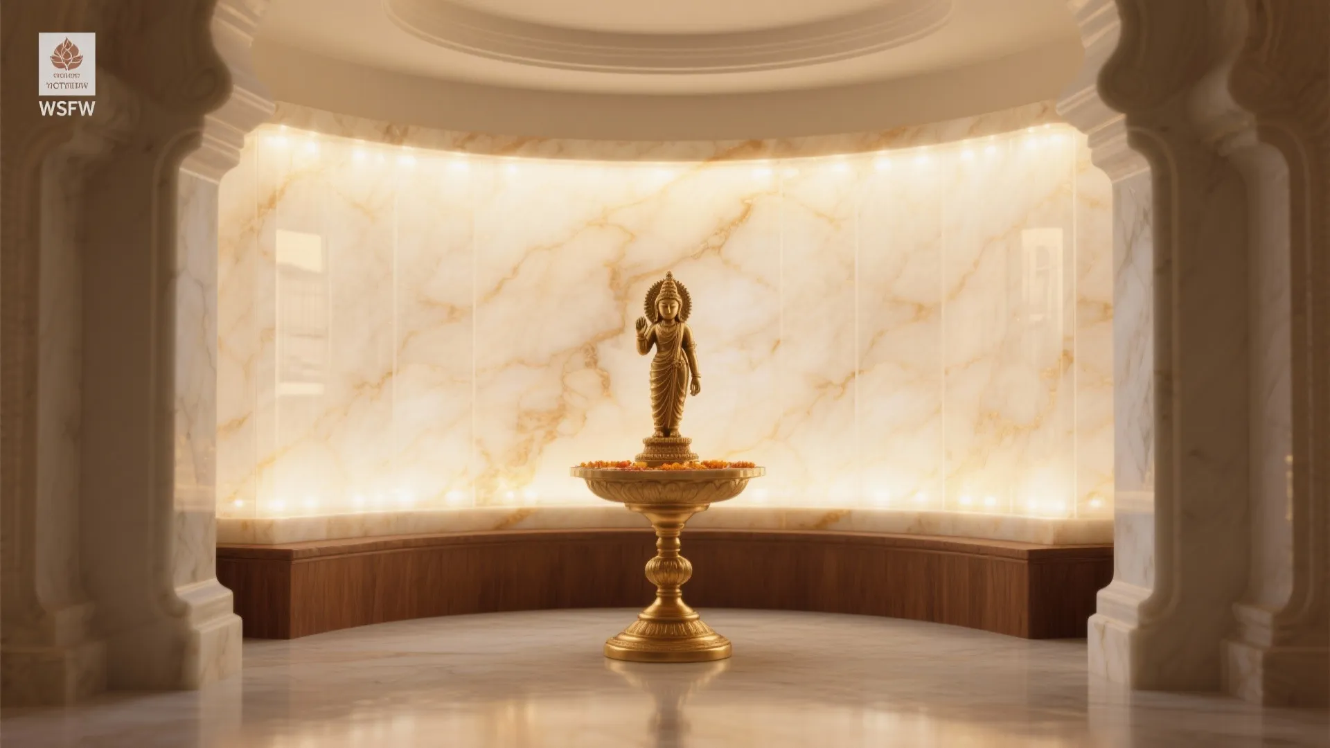 Golden statue on pedestal in front of marble wall with warm lights and stone pillars