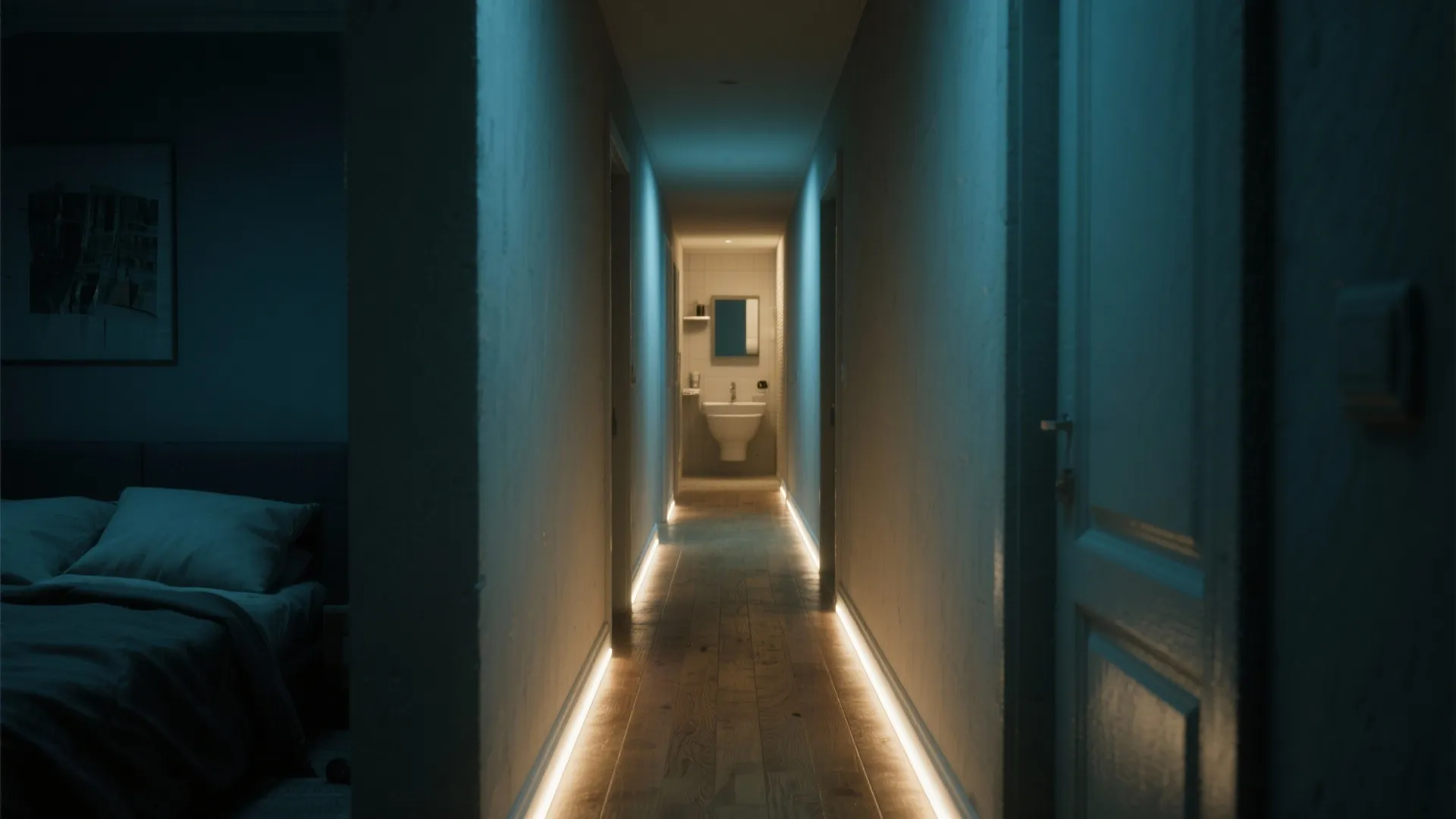 Dark hallway with warm light strips along wooden floor leading to a white bathroom sink area