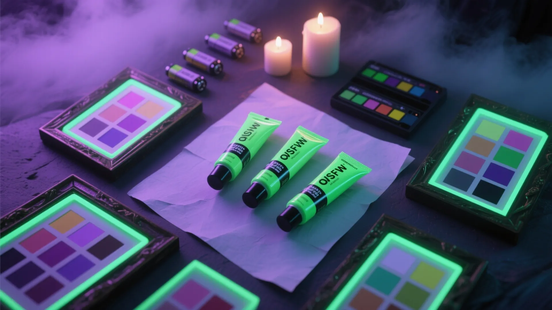 Green paint tubes with glowing color charts and candles on a dark table under purple light