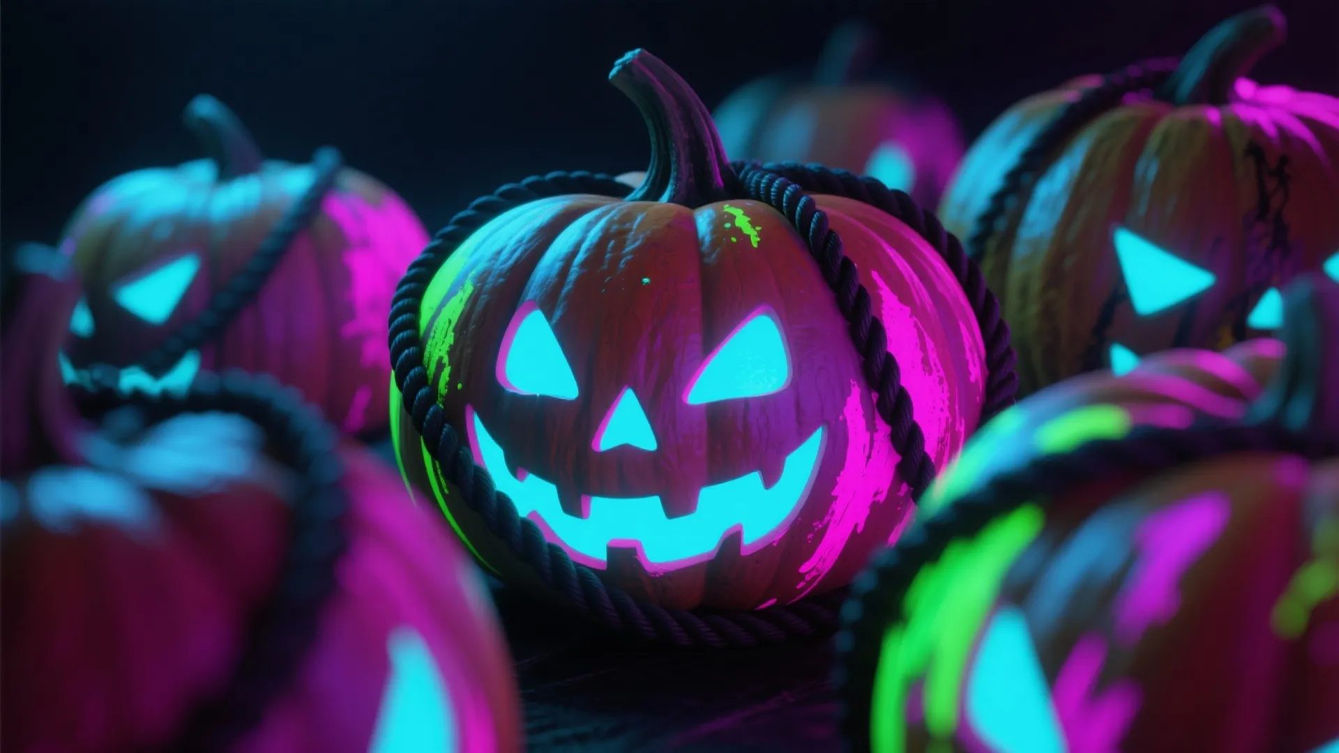 Close-up of glow-in-the-dark painted pumpkins lit by blacklight rope showing neon highlights.