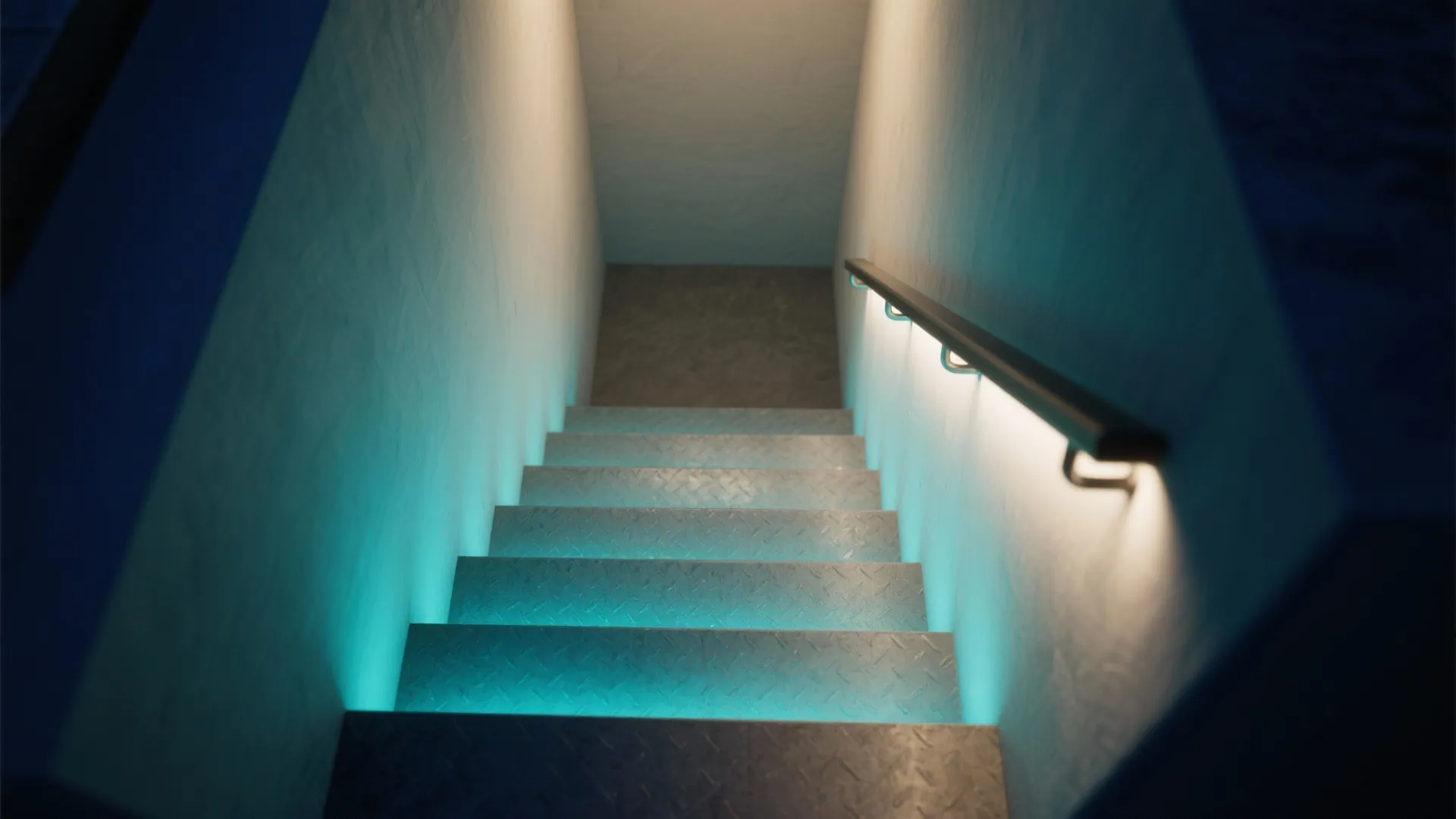 Modern metal stairs with bright teal glowing light under each step and a black handrail