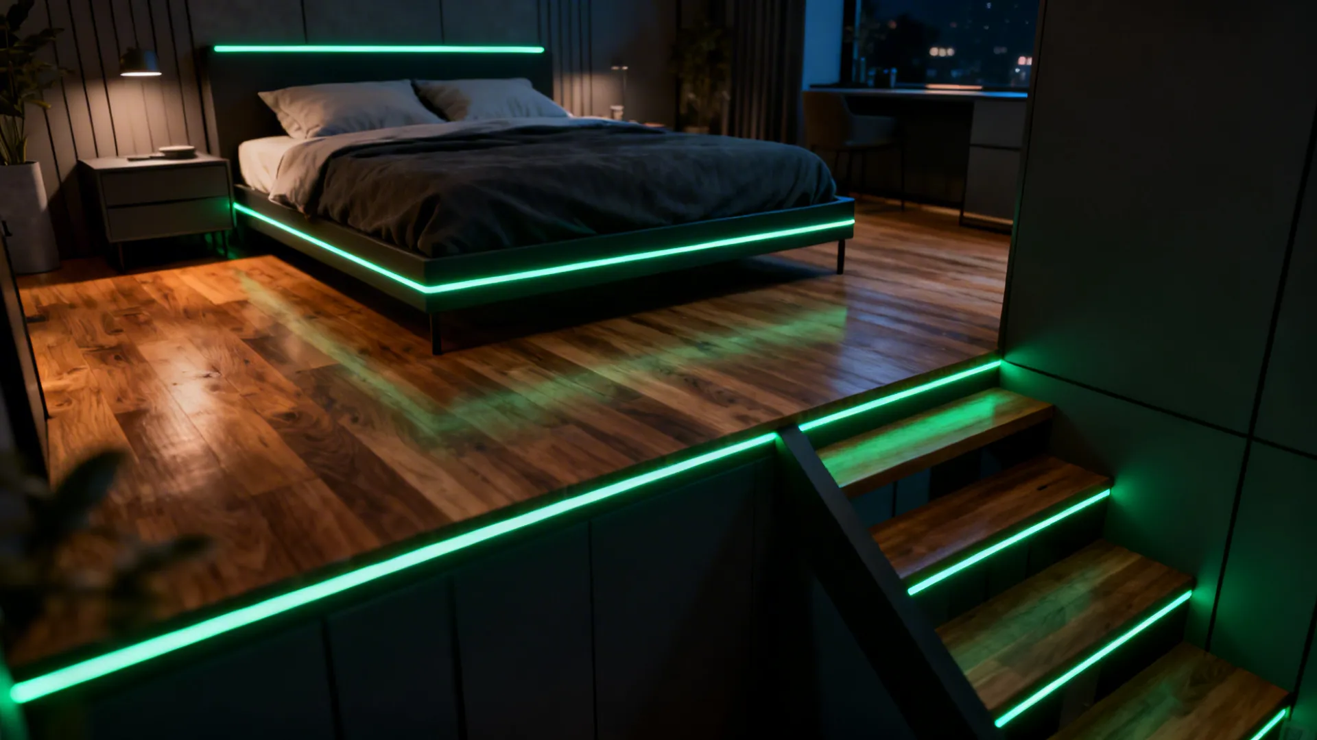Studio bedroom at night with glow tape along bed frame and stair edges for safe navigation