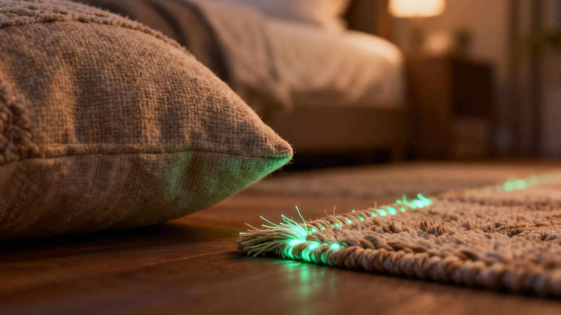 Close-up of a throw pillow and rug with embedded glow fibers softly glowing