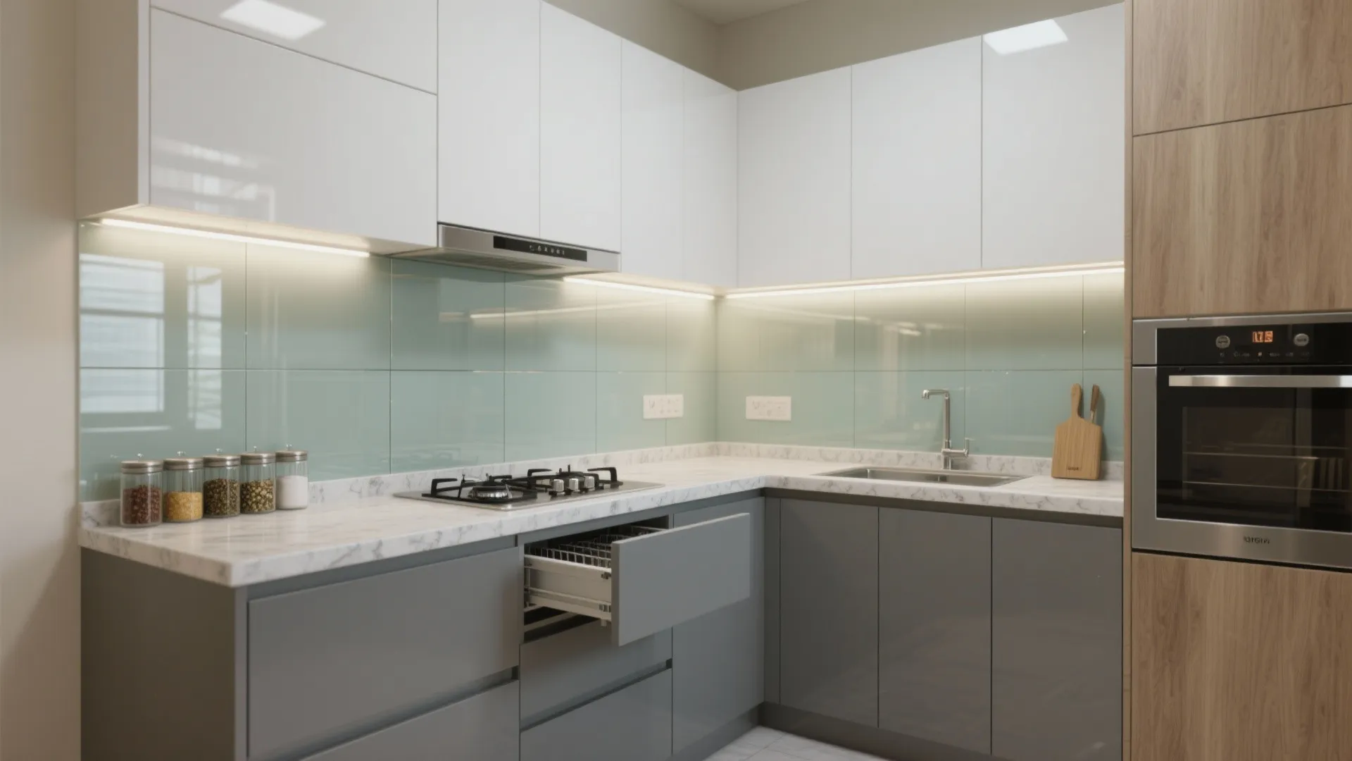 Minimalist kitchen storage with a glass backsplash