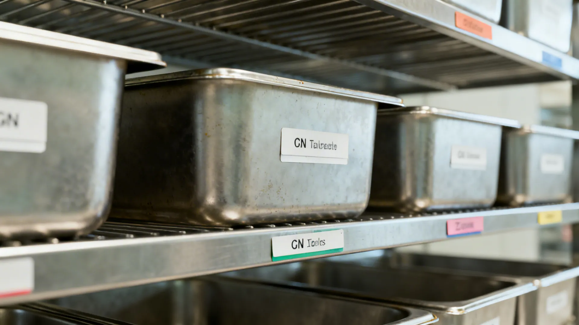 Close-up of labeled GN pans on stainless shelving in a minimalist commercial kitchen.