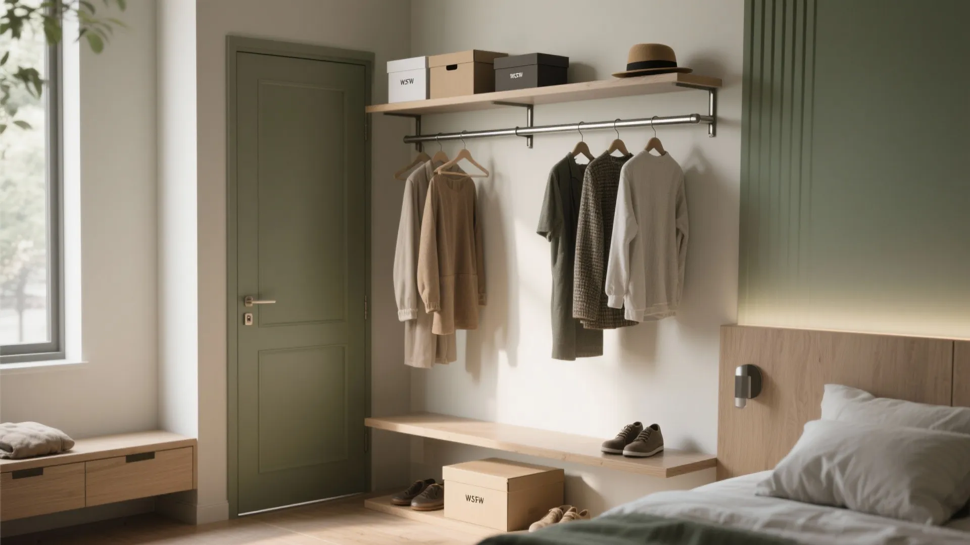 Interior room showing a green door clothes hanging on a rack and shoes on shelves