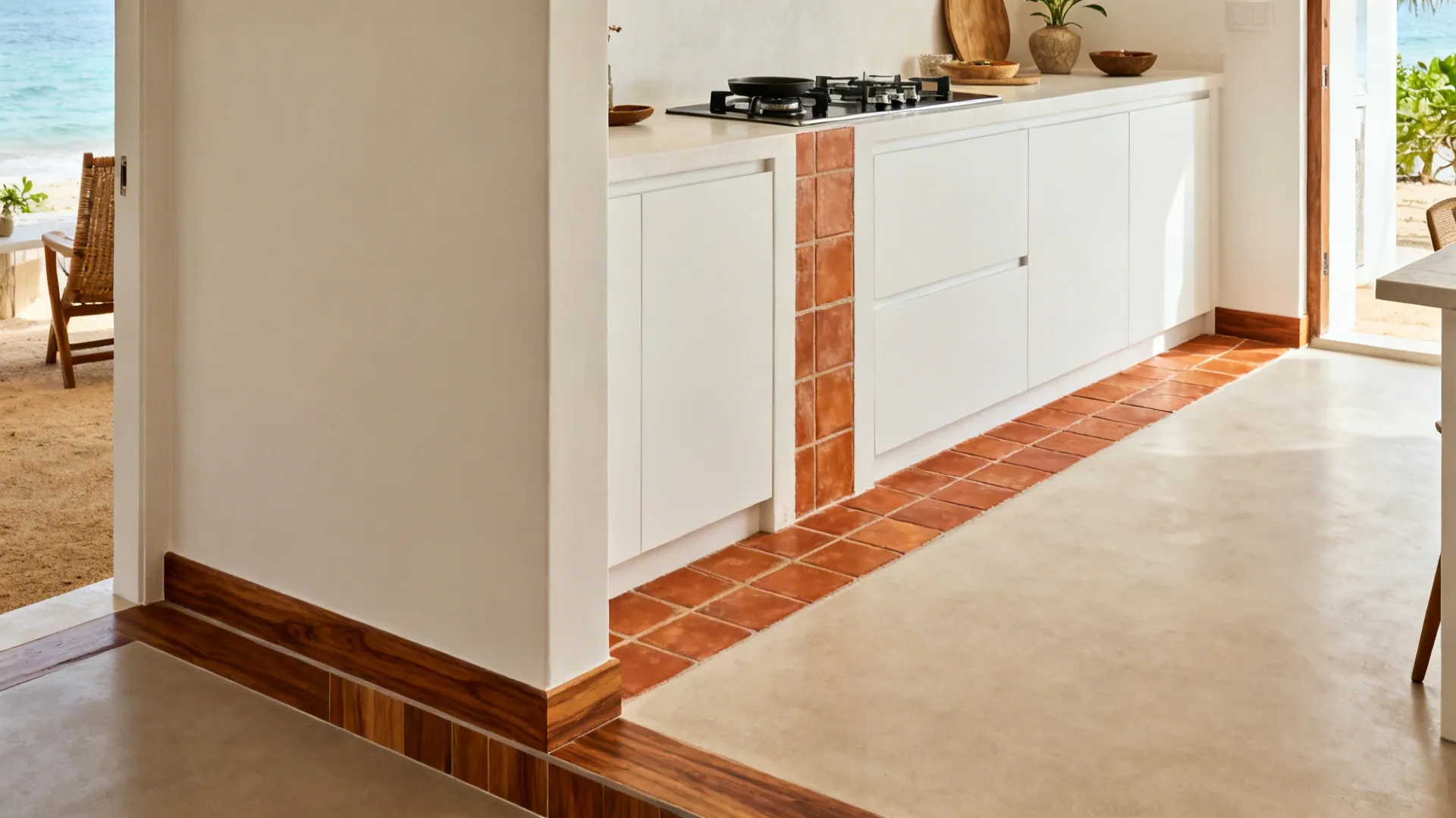 Goa kitchenette with terracotta runner near cooktop and wood-look skirting.