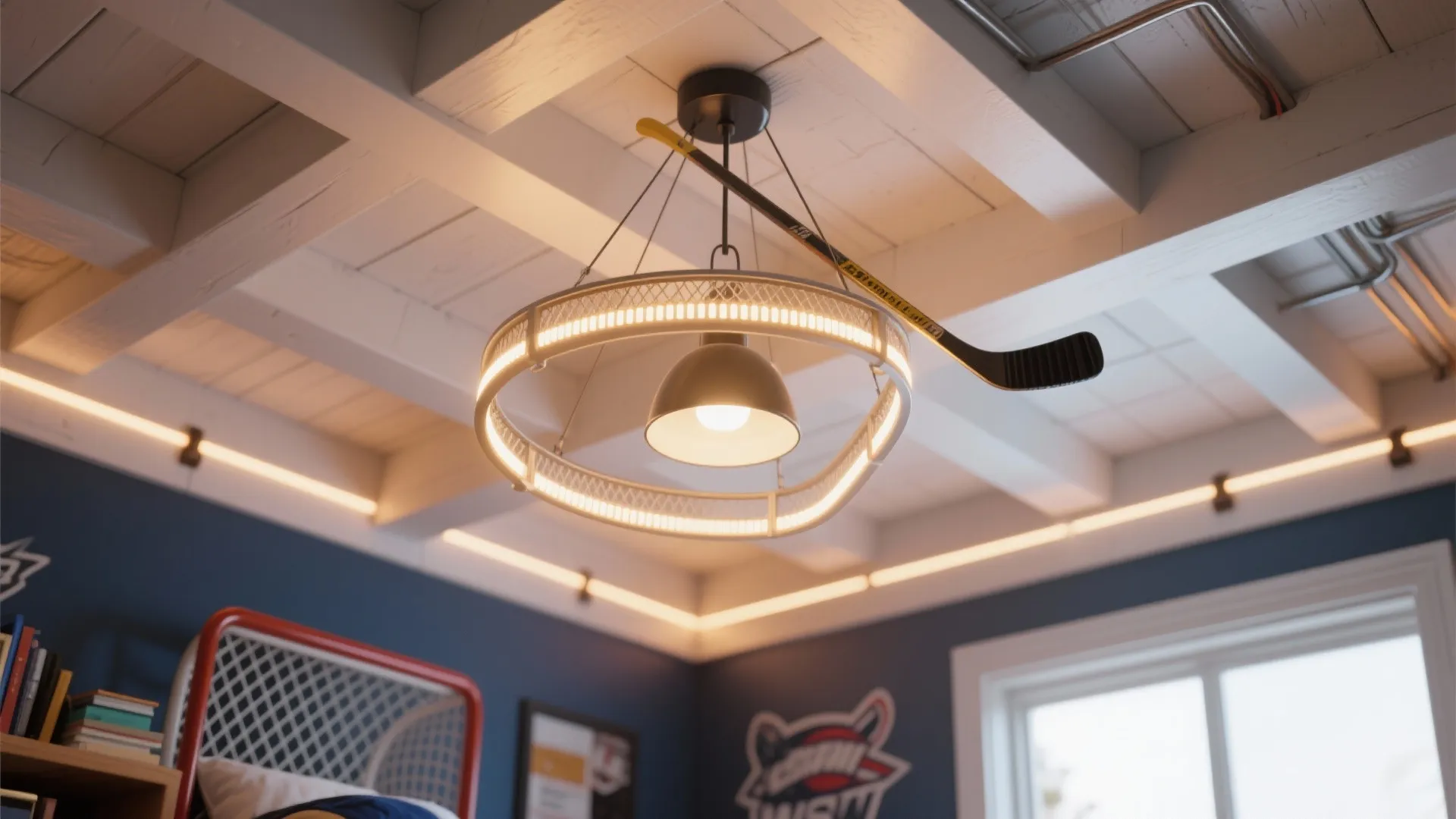 Modern ceiling light fixture with a hockey stick decoration on a white wood beam ceiling