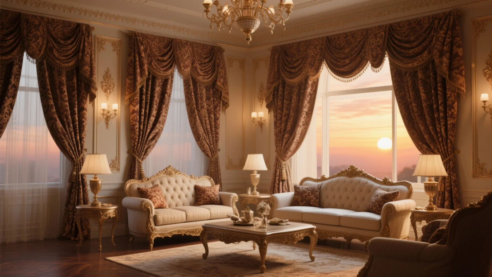 Goblet pleated drapes in rich damask fabric in a formal living room