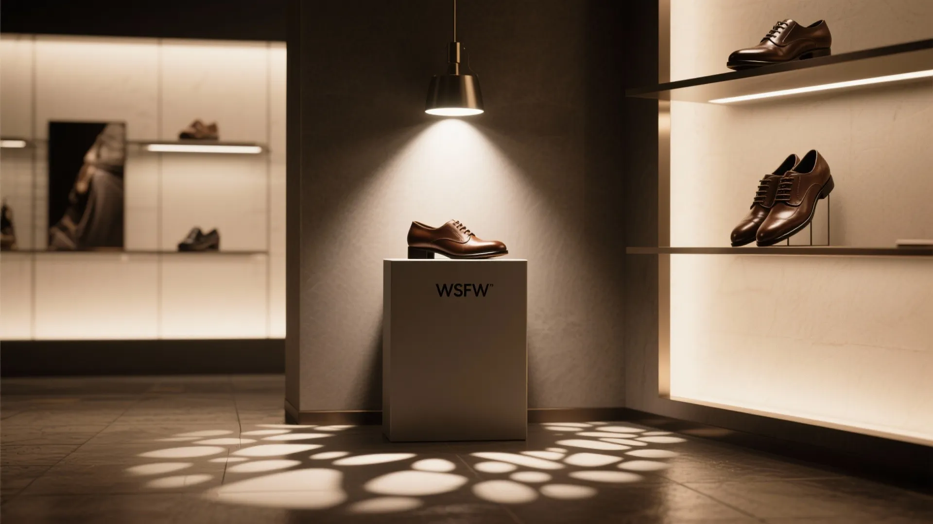 Shoe display illuminated by an accent spotlight with a soft gobo pattern creating a mini-stage.