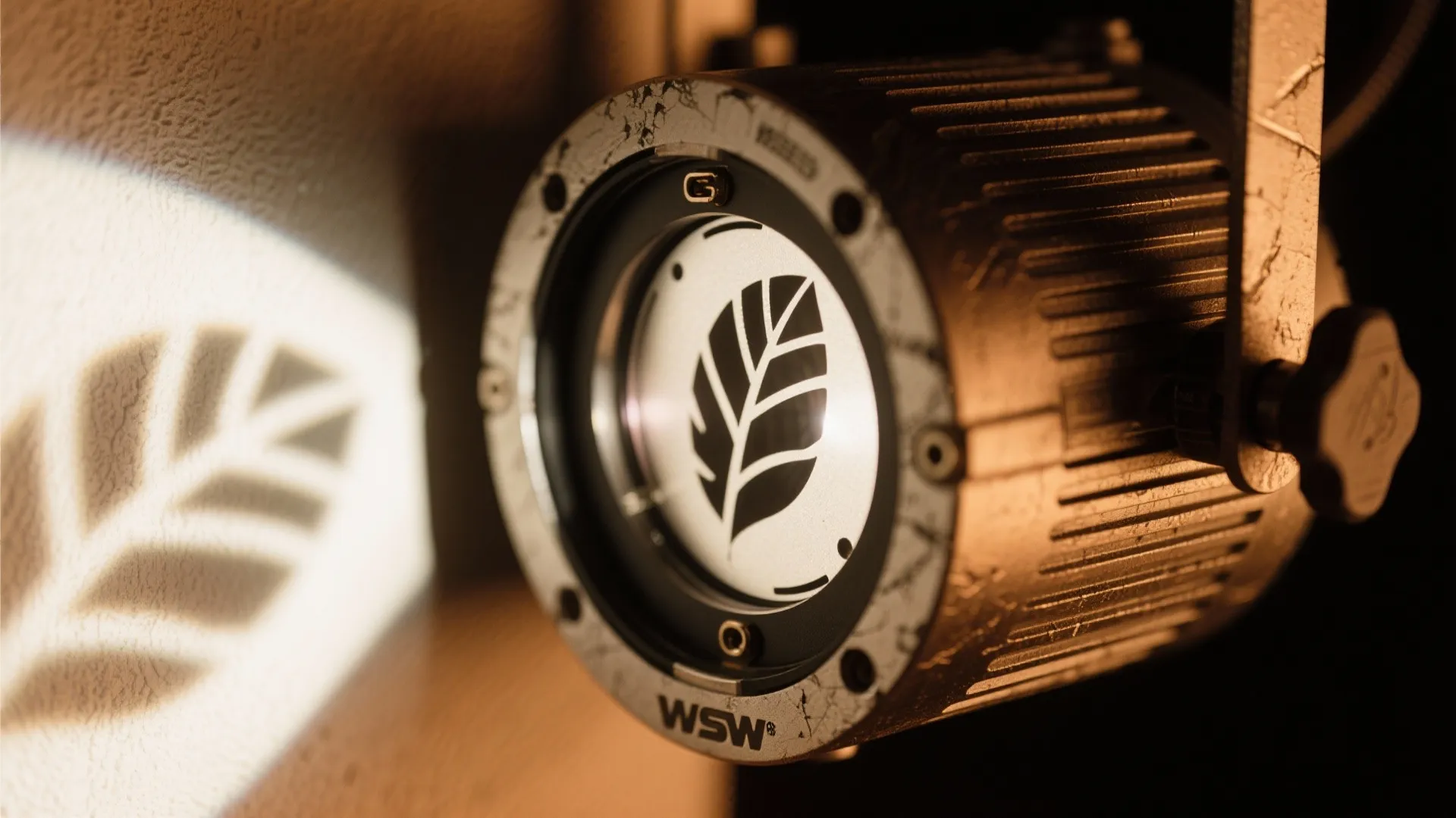 Close up of a black light fixture projecting a leaf shaped pattern onto a wall surface