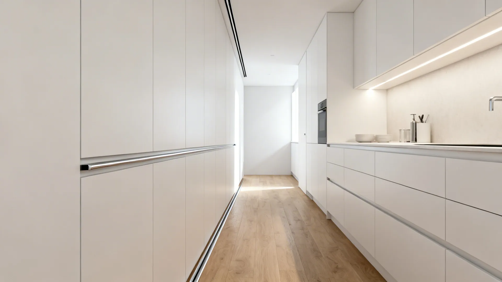 Long white kitchen corridor with wood flooring and handleless cabinets in a very minimalist home
