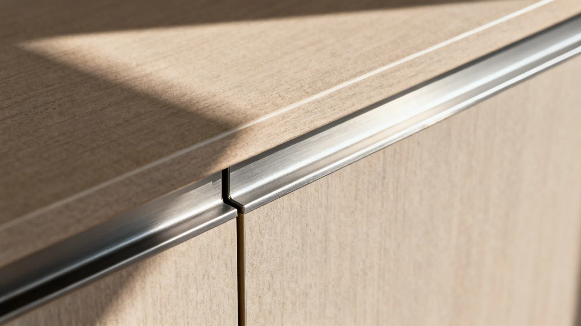 Macro view of a Gola rail on a matte laminate cabinet door with precise joinery.