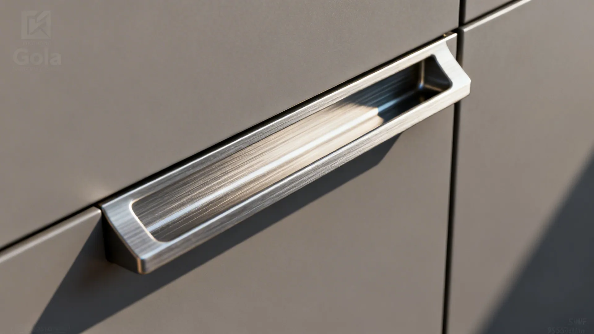 Close up of a brushed metal handle installed on a modern grey kitchen cabinet drawer