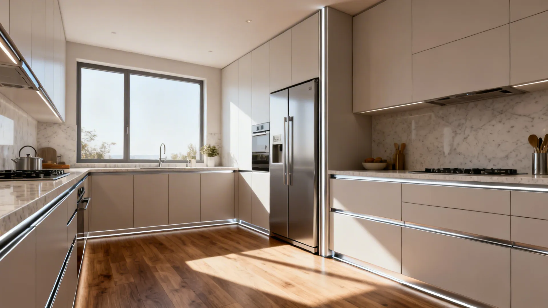Kitchen with continuous aluminum Gola rails creating a crisp shadow line and flat fronts.