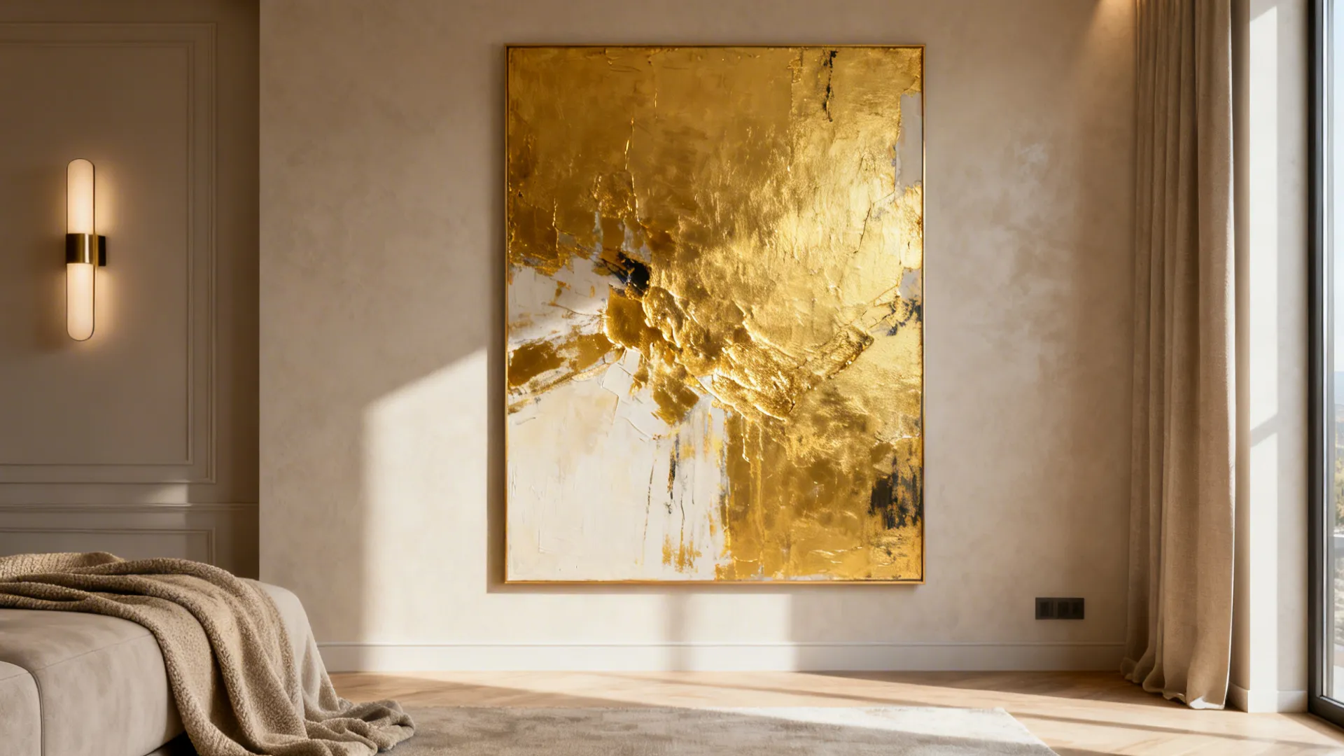 South wall with a gold-accented abstract painting as a bright focal piece.