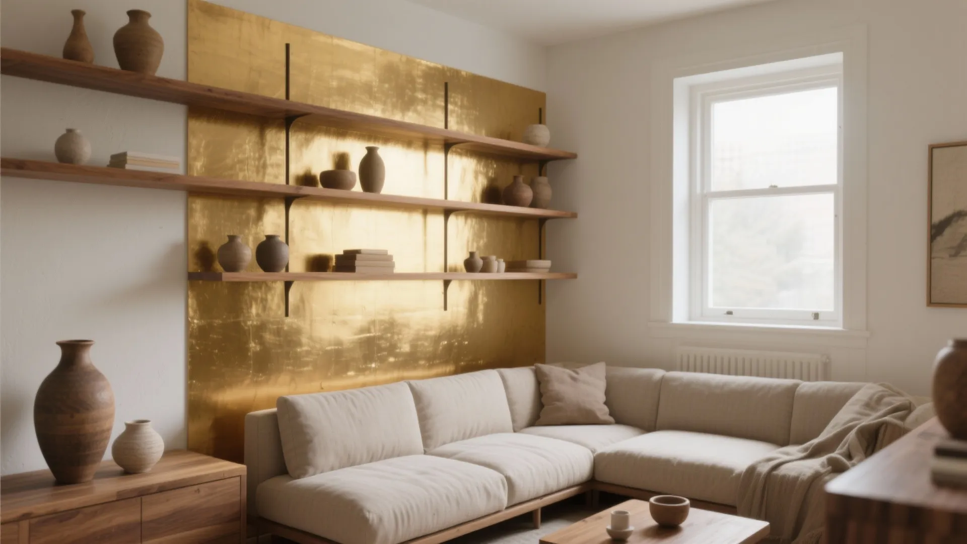 Modern living room with beige sofa wooden shelves gold wall panel decorative vases and natural light