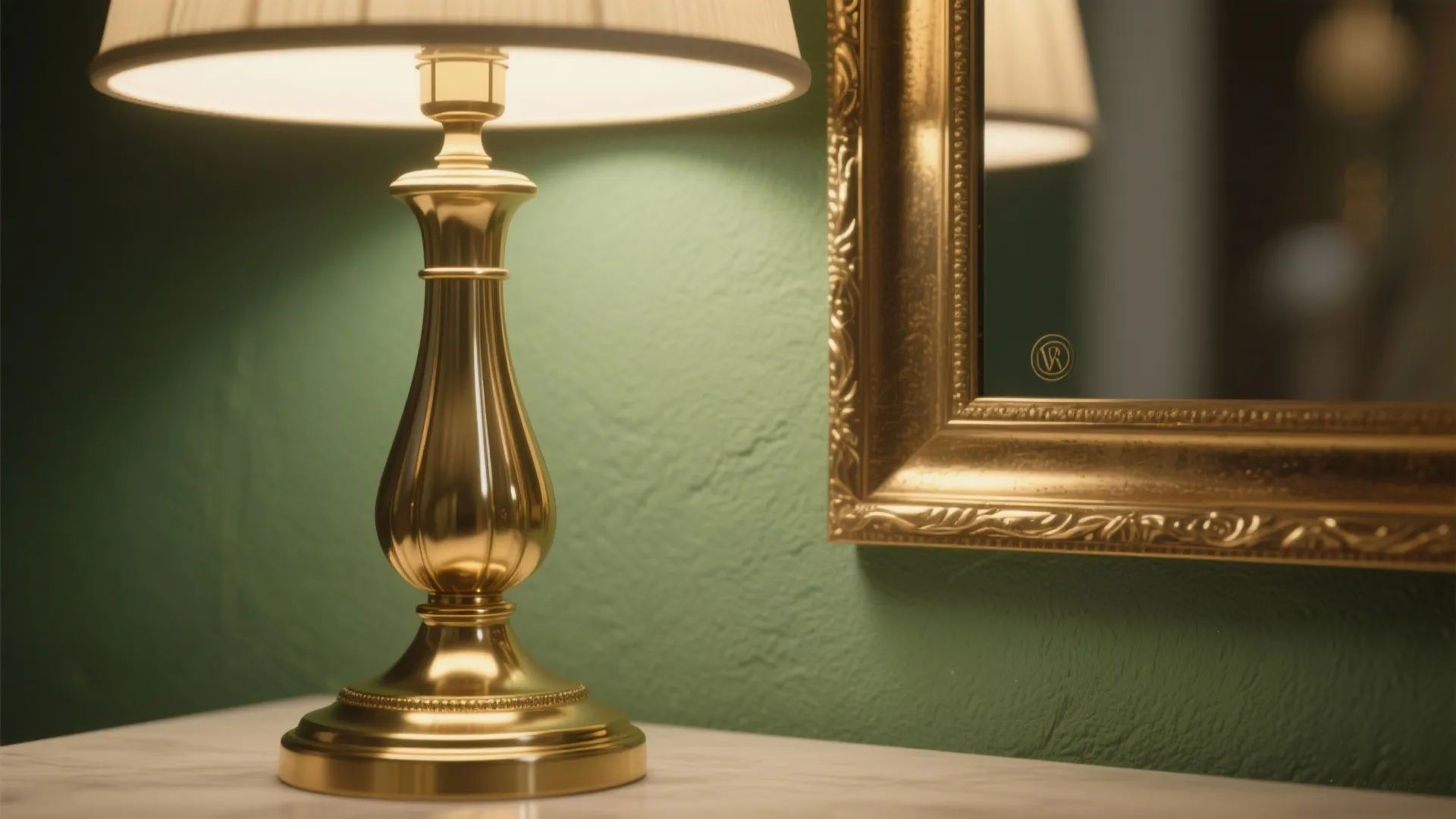 Gold lamp and mirror frame against khaki green wall