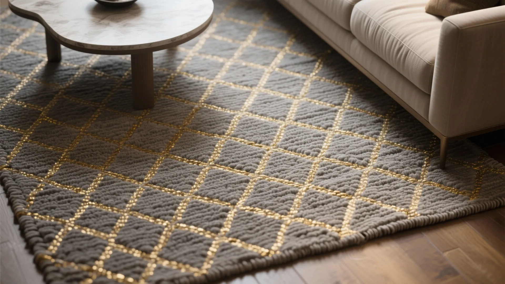 3. Patterned Rug with Gold Accents