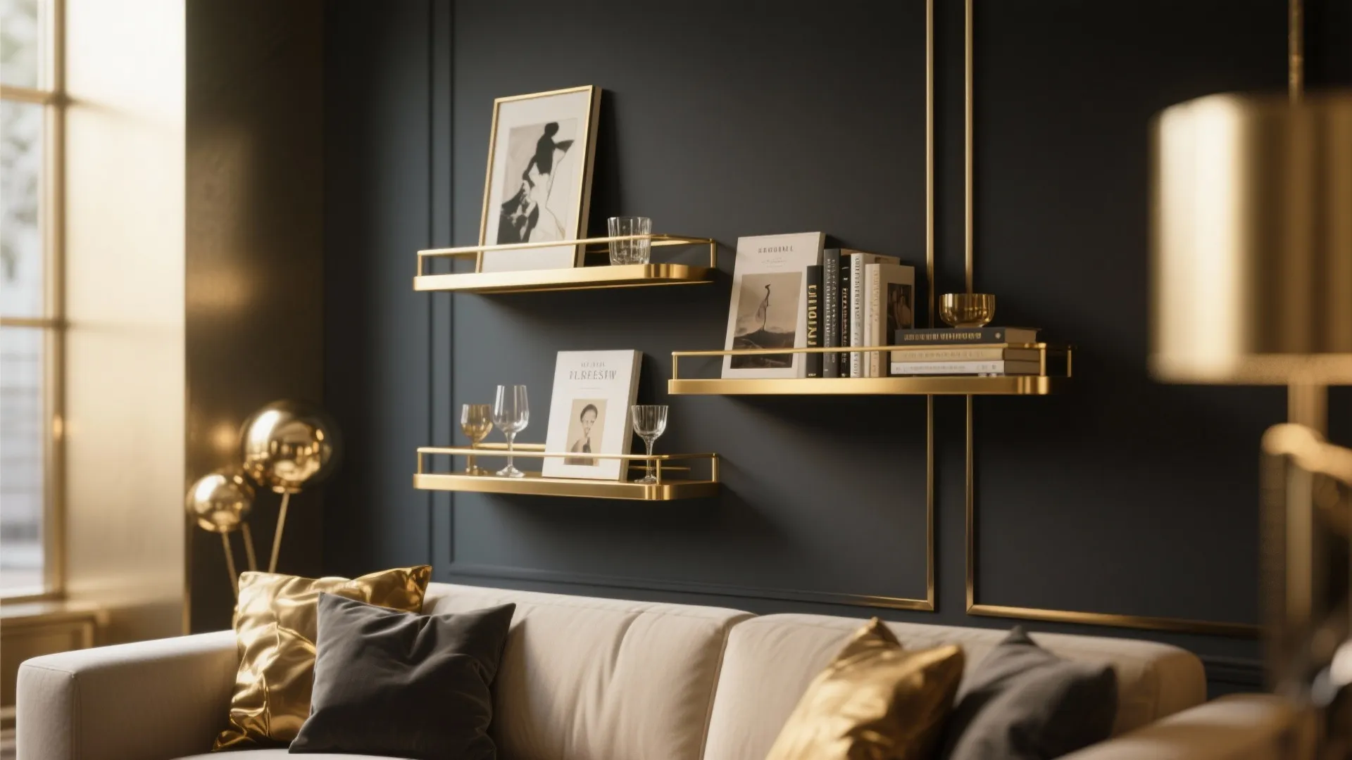 4. Gold Accented Shelving
