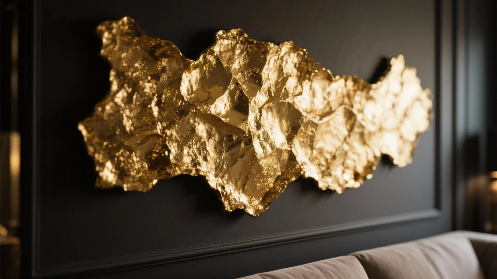 Modern black wall panel featuring a large textured gold art piece above a grey sofa