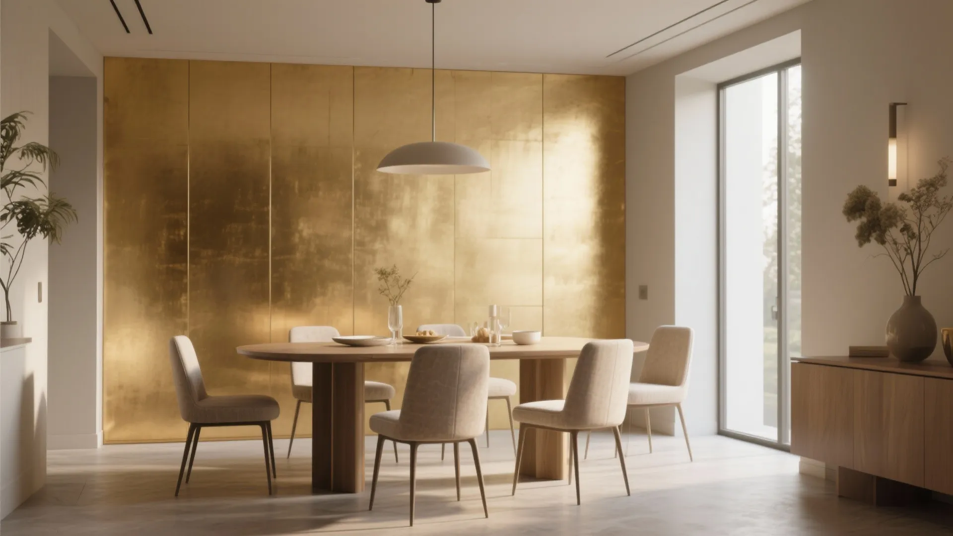 Modern dining room with large gold wall panel wooden table beige chairs and ceiling light