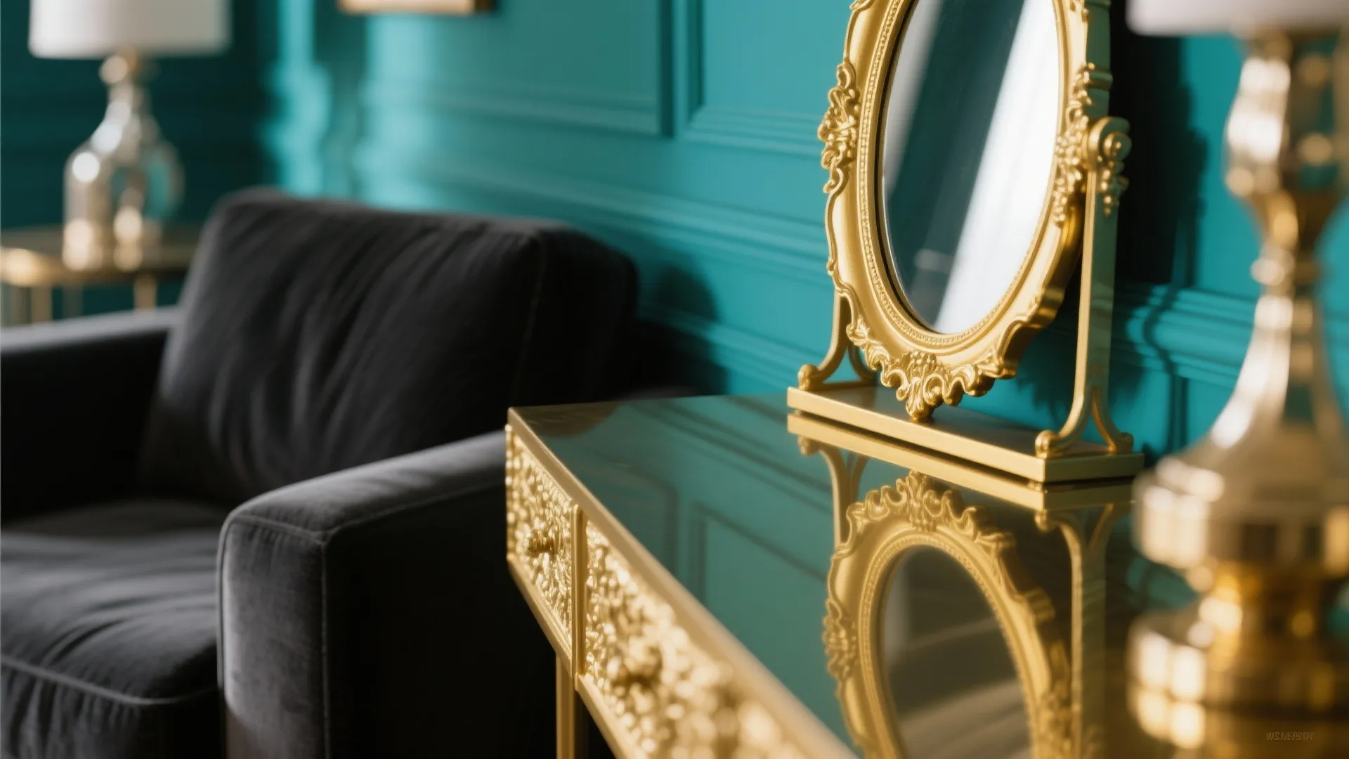 Gold table and mirror next to teal wall panel with a black velvet sofa room