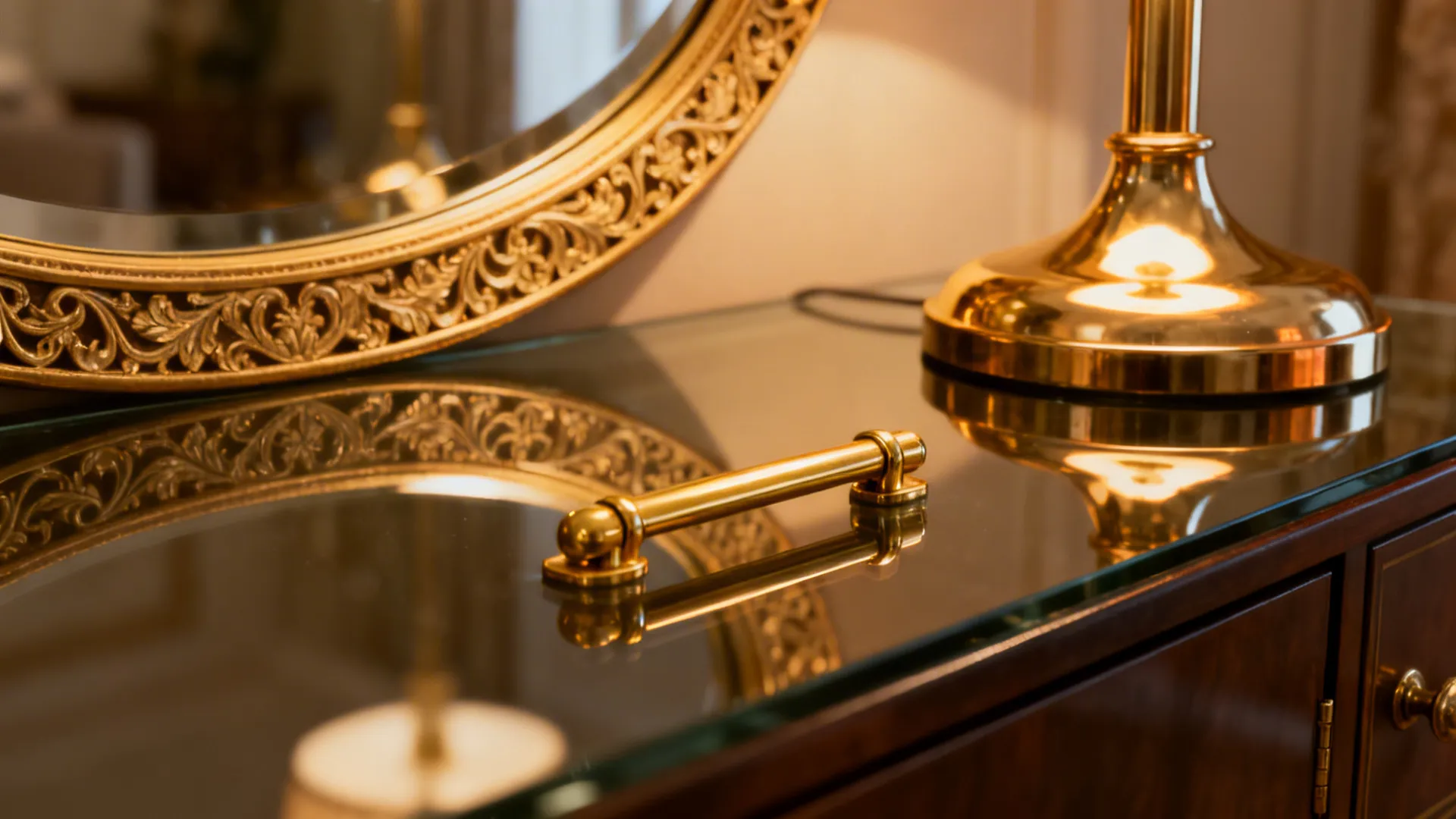 Close-up of oversized gold mirror and brass lamp highlighting metallic accents