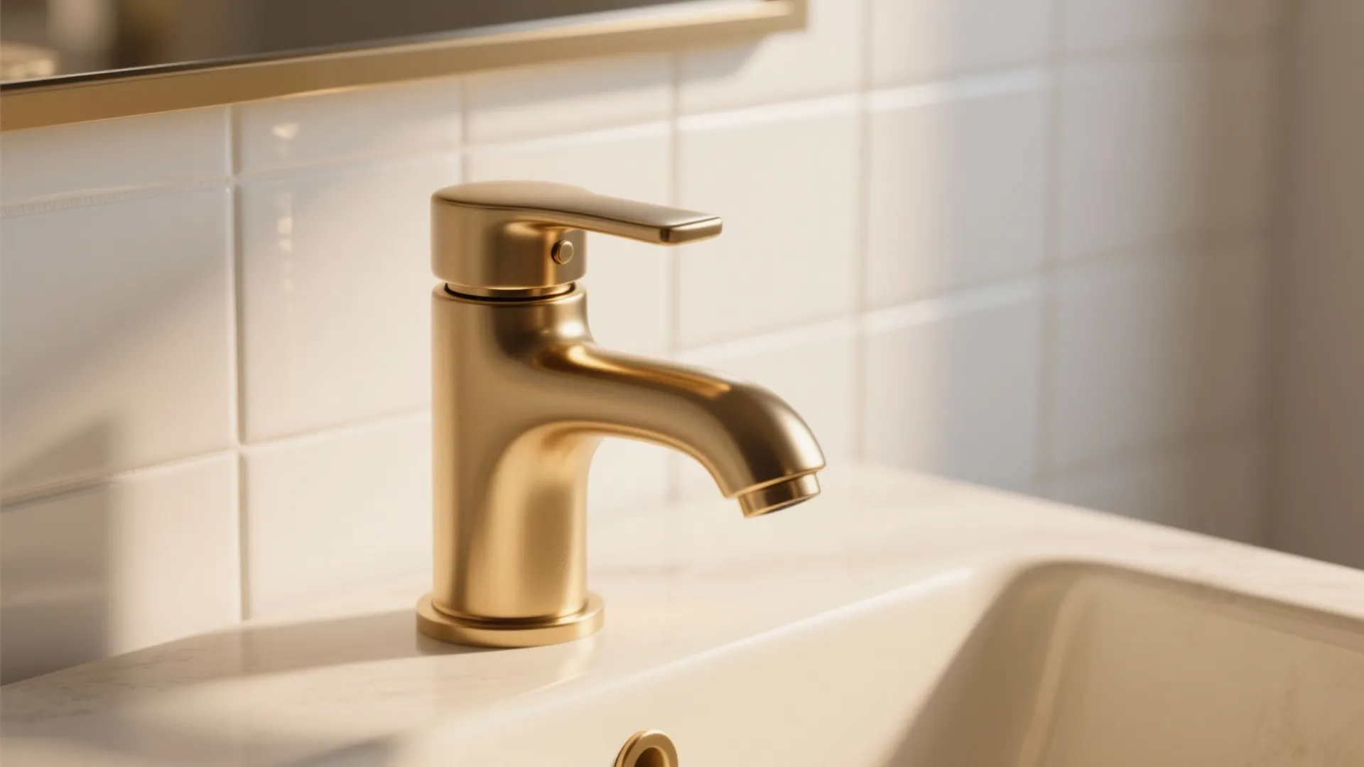 Modern gold bathroom water tap on white marble sink with square wall tiles and sunlight