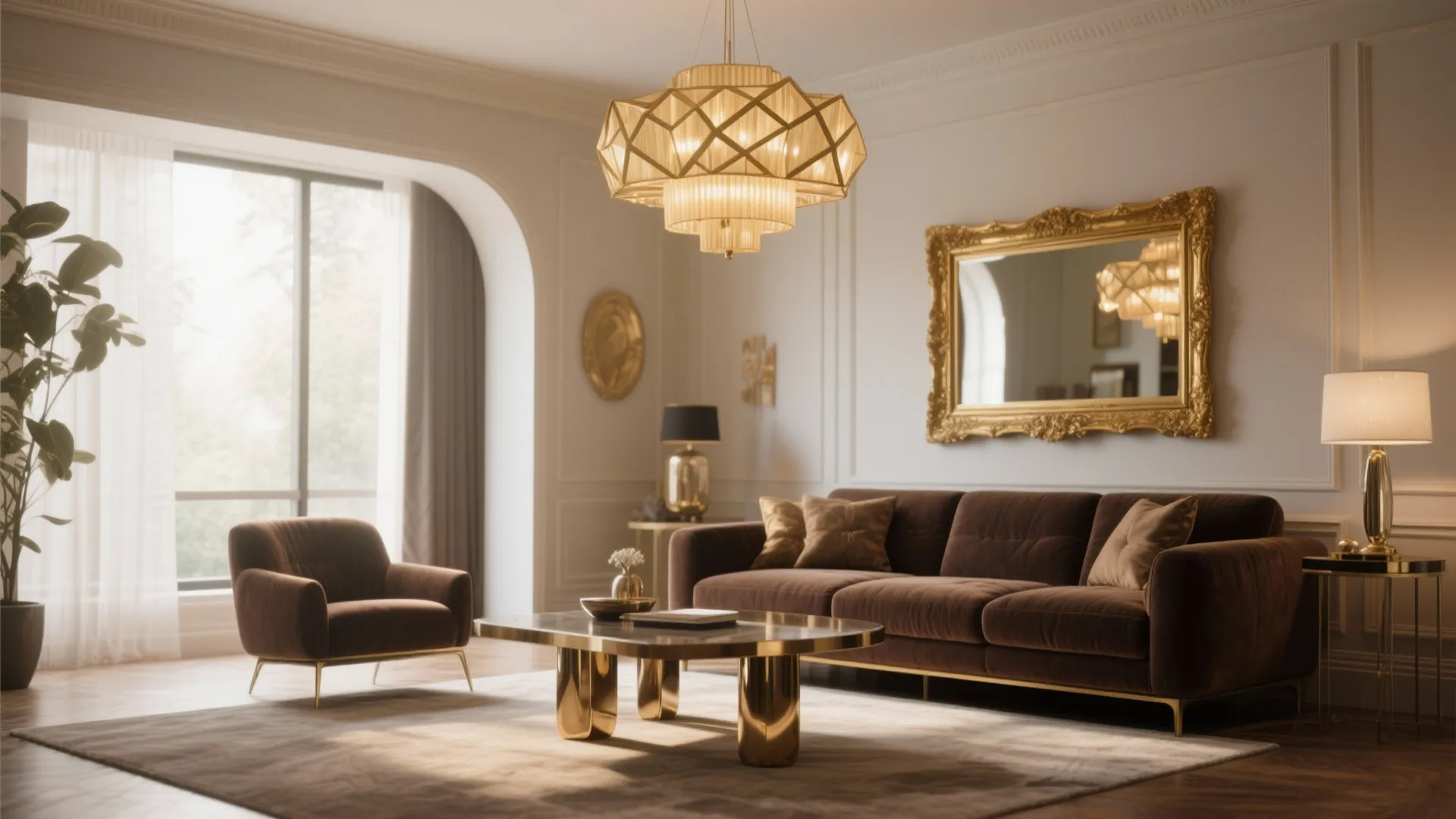 Elegant living room with brown sofa gold ceiling light large gold mirror and coffee table