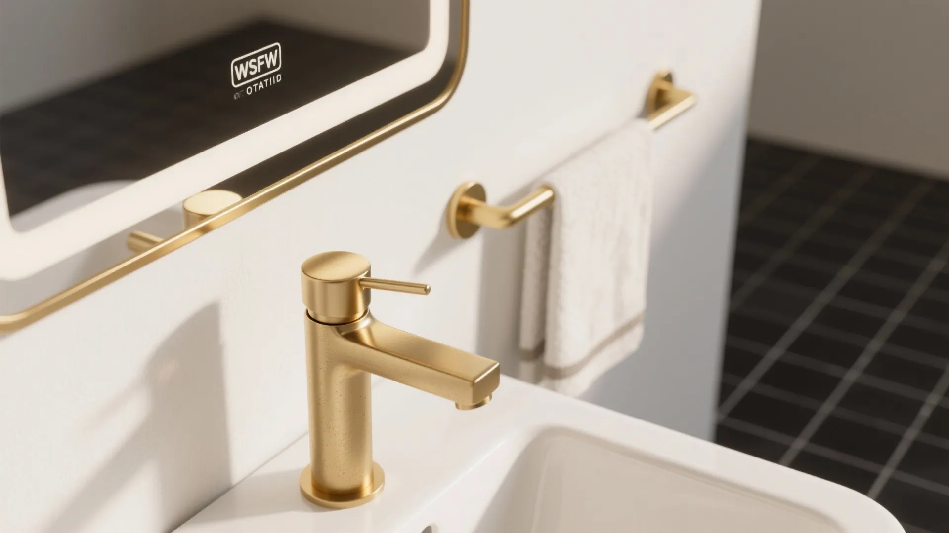Close-up of brushed gold faucet and towel bar against white wall with black tile floor edge.