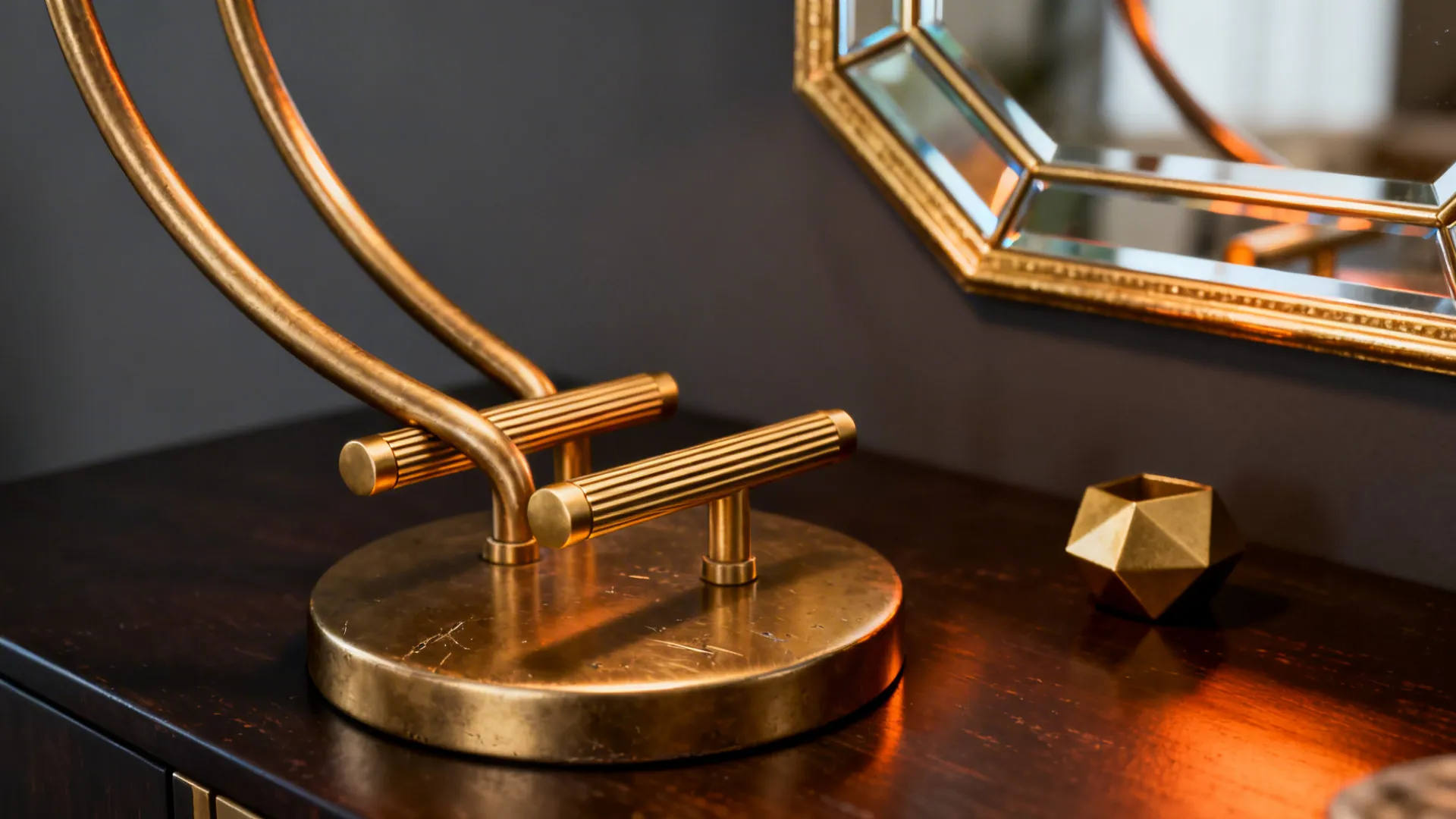 Close-up of polished and brushed gold accents: lamp, handles, and mirror edge on a dark surface.