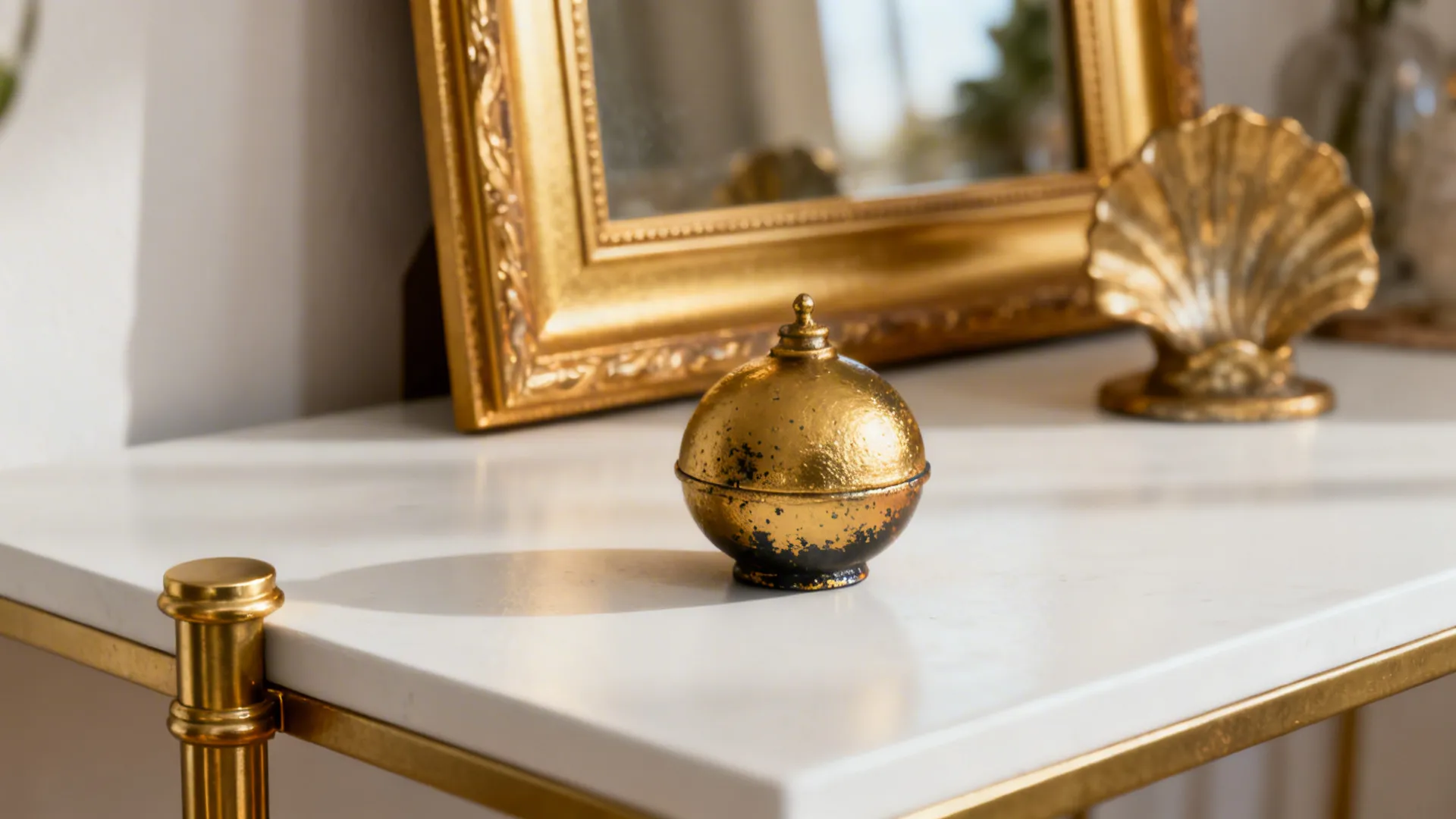 Gold picture frame and table leg detail showing tasteful metallic accents on white surface