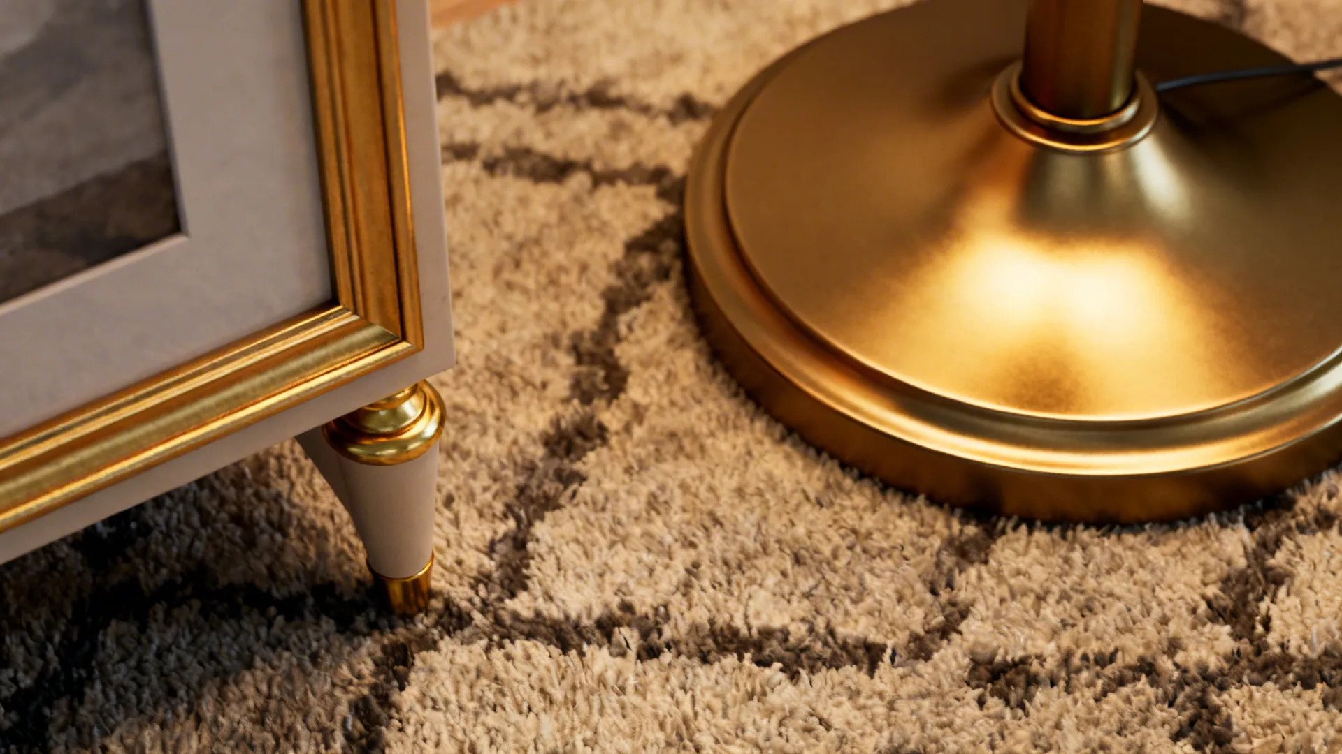 Close-up of mixed polished and matte gold accents on a lamp and side table in a living room.