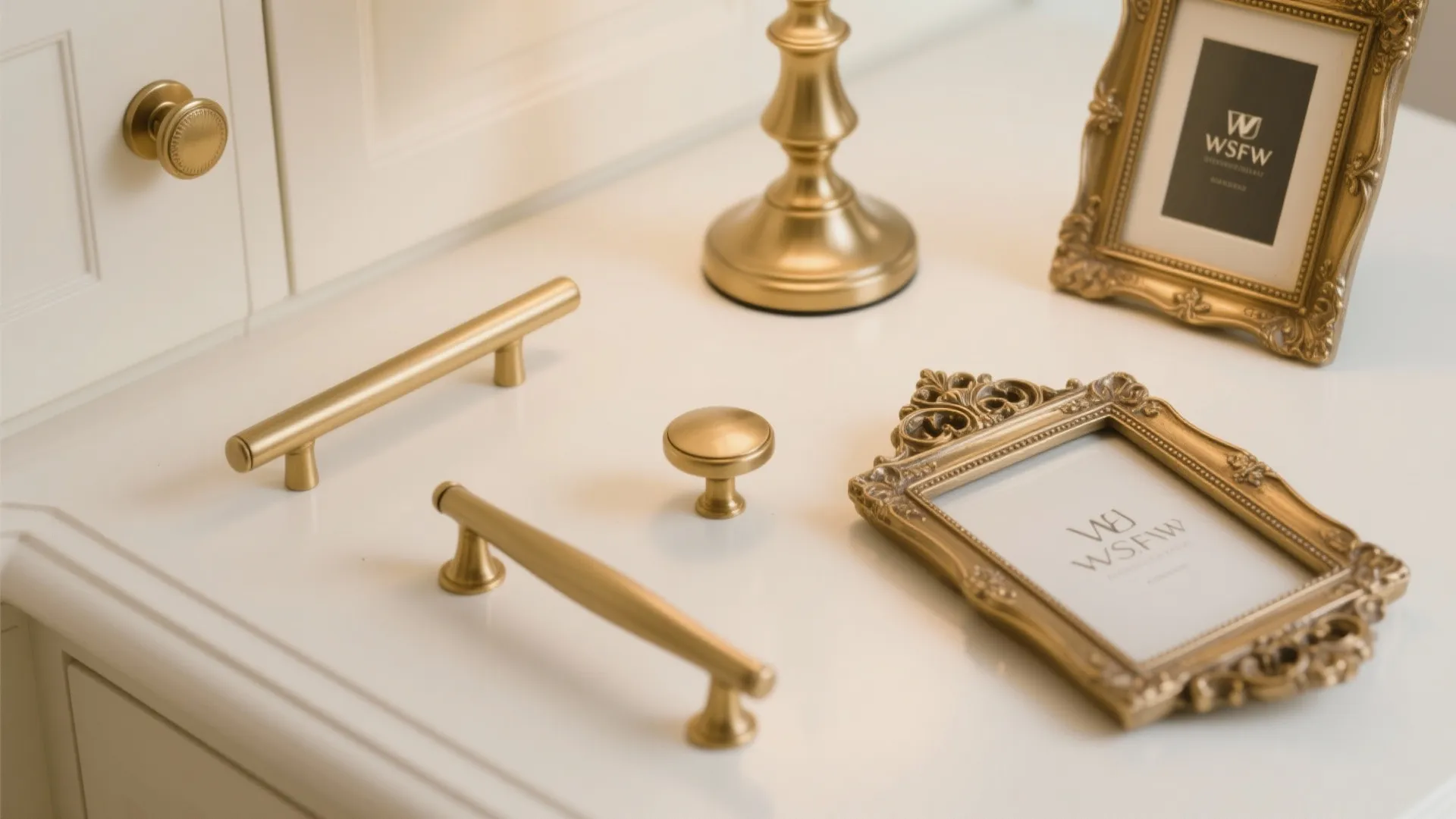 Flatlay of brushed gold handles and decor on ivory background