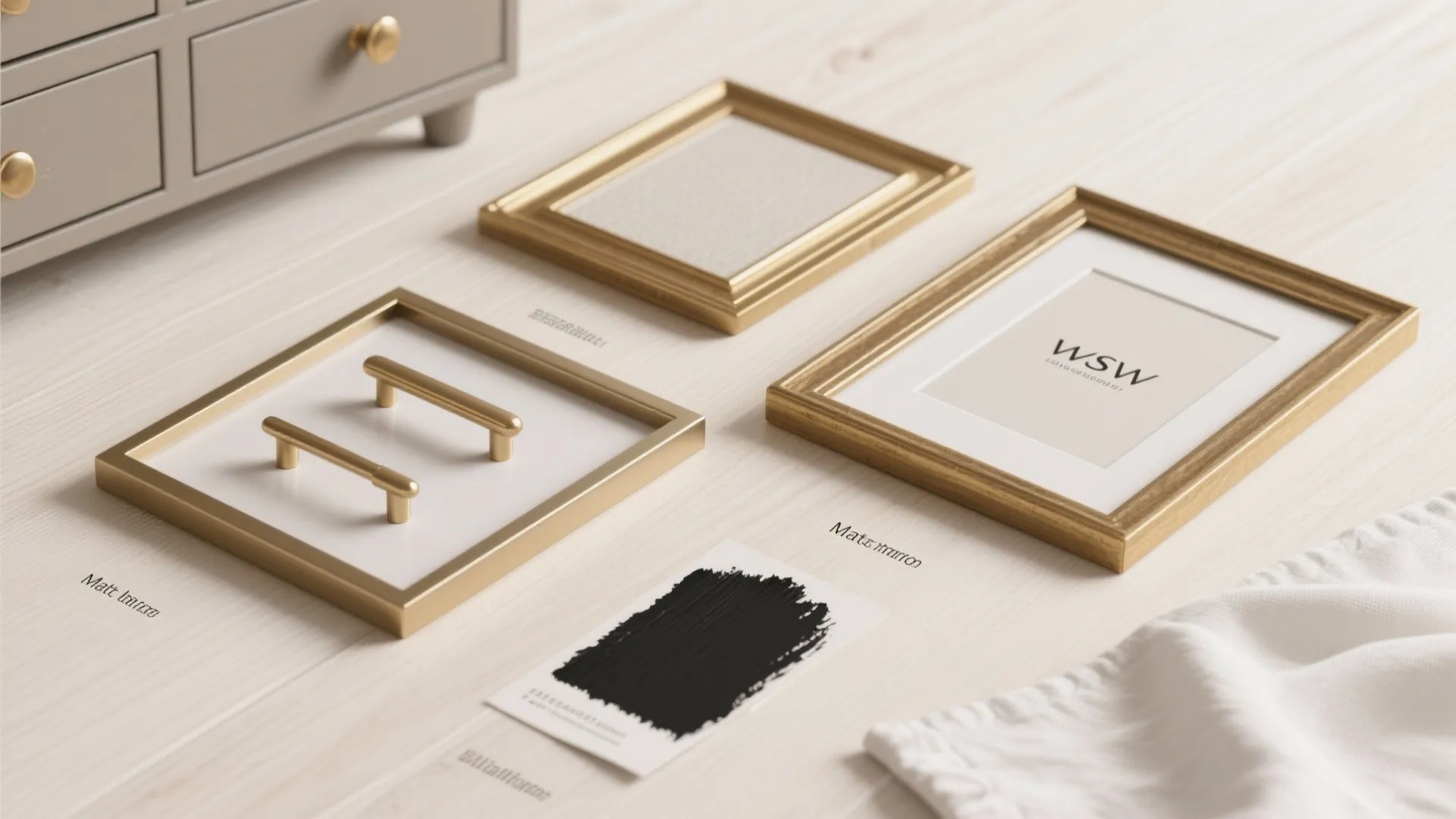 Flatlay of brushed-gold hardware, matte black paint swatch and white linen fabric