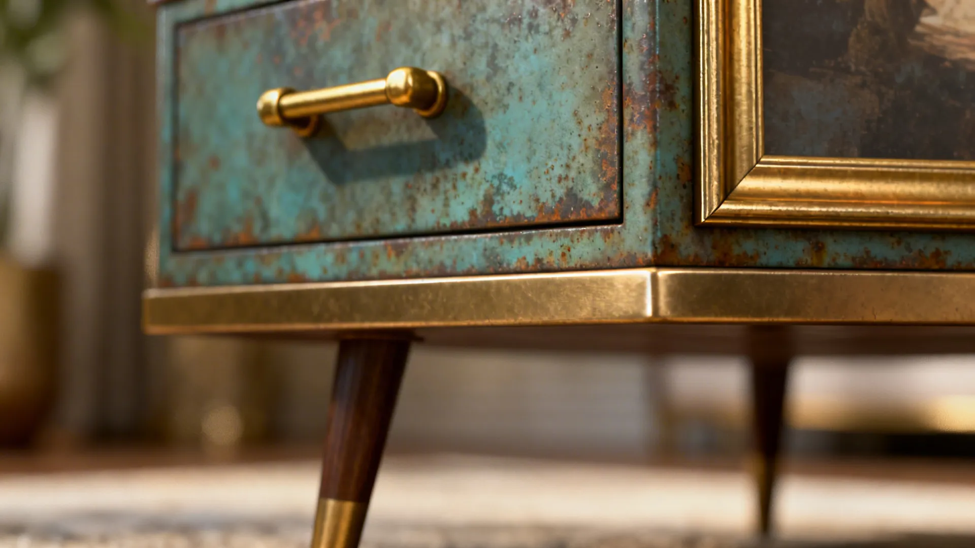 Close-up of matte gold hardware, brass coffee table edge and picture frame detail