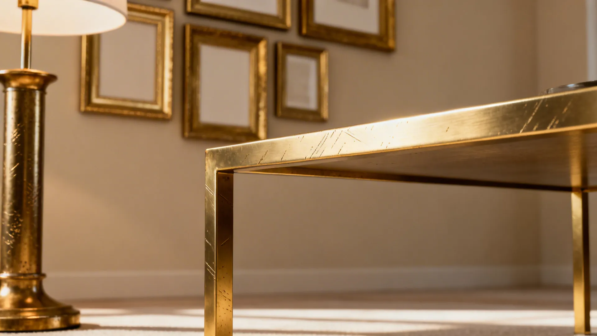 Brushed-gold picture frames and brass lamp base used as subtle accents.