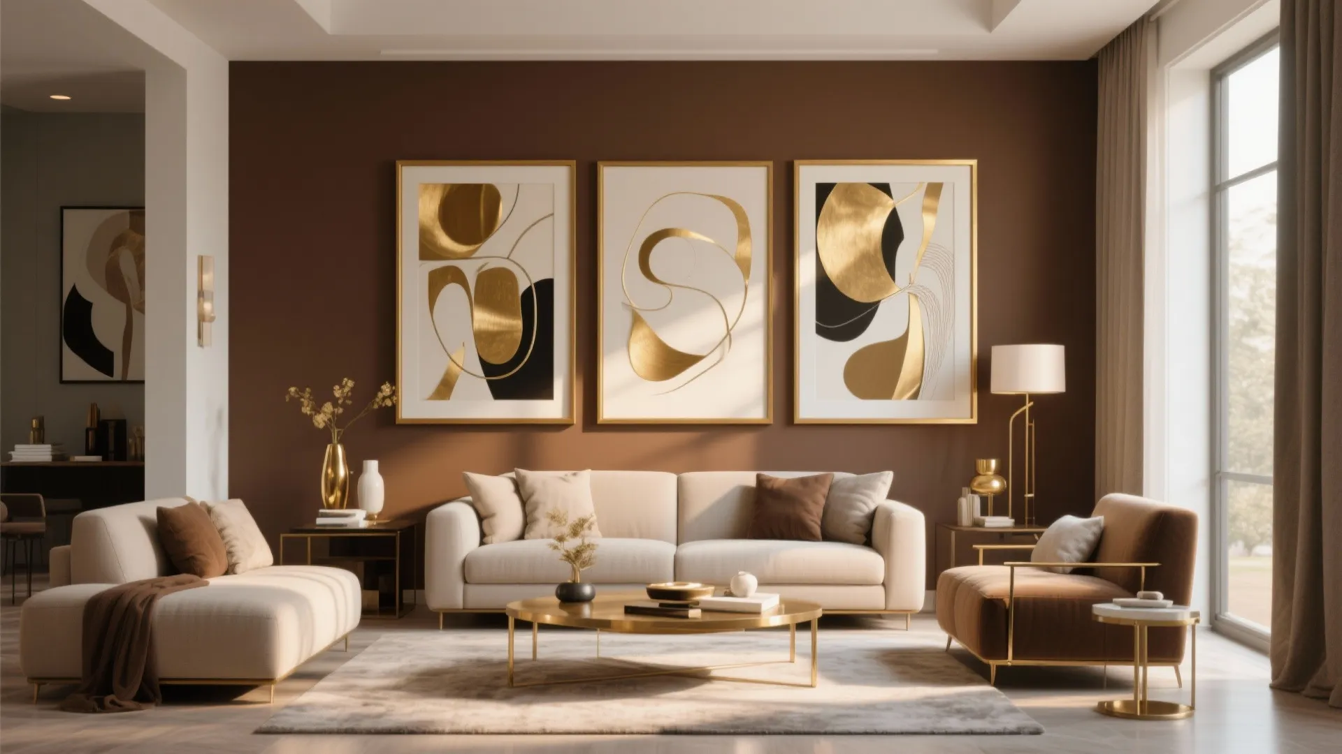 Mocha living room wall with gold-framed abstract art
